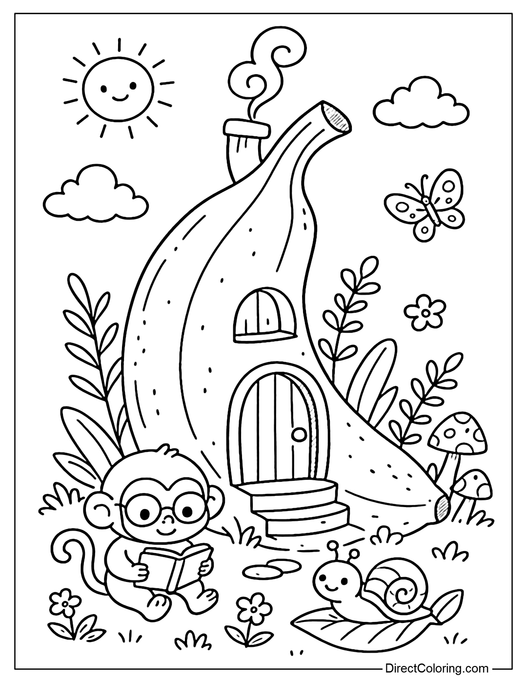 Banana house coloring page, curved door in the middle of the fruit, surrounded by trees and grass.