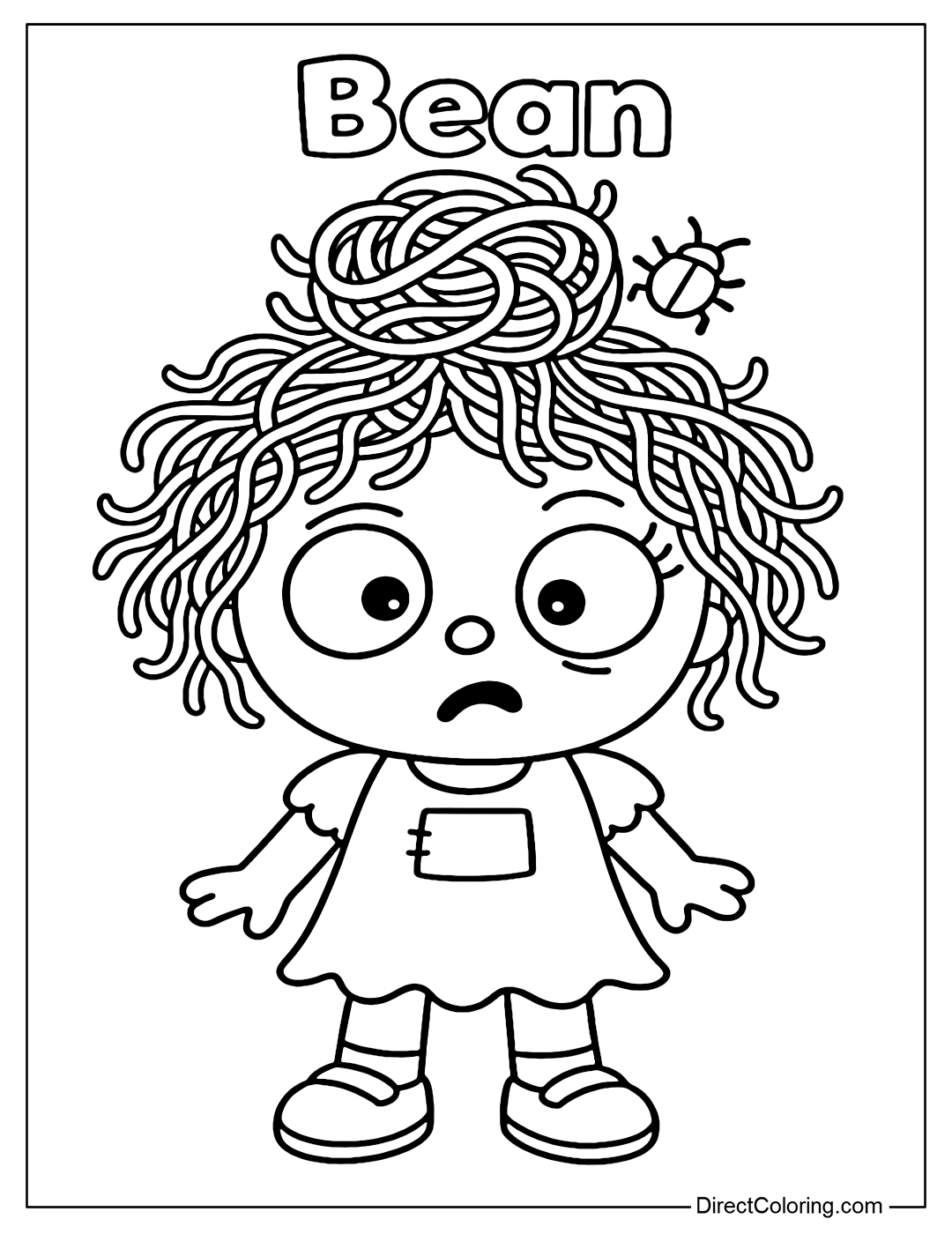 Bean doll coloring page with unevenly sized eyes, always moving around as if looking for food hidden in her hair. Her hair is a twisted bun like a bird's nest, with messy spaghetti-shaped hair strands.