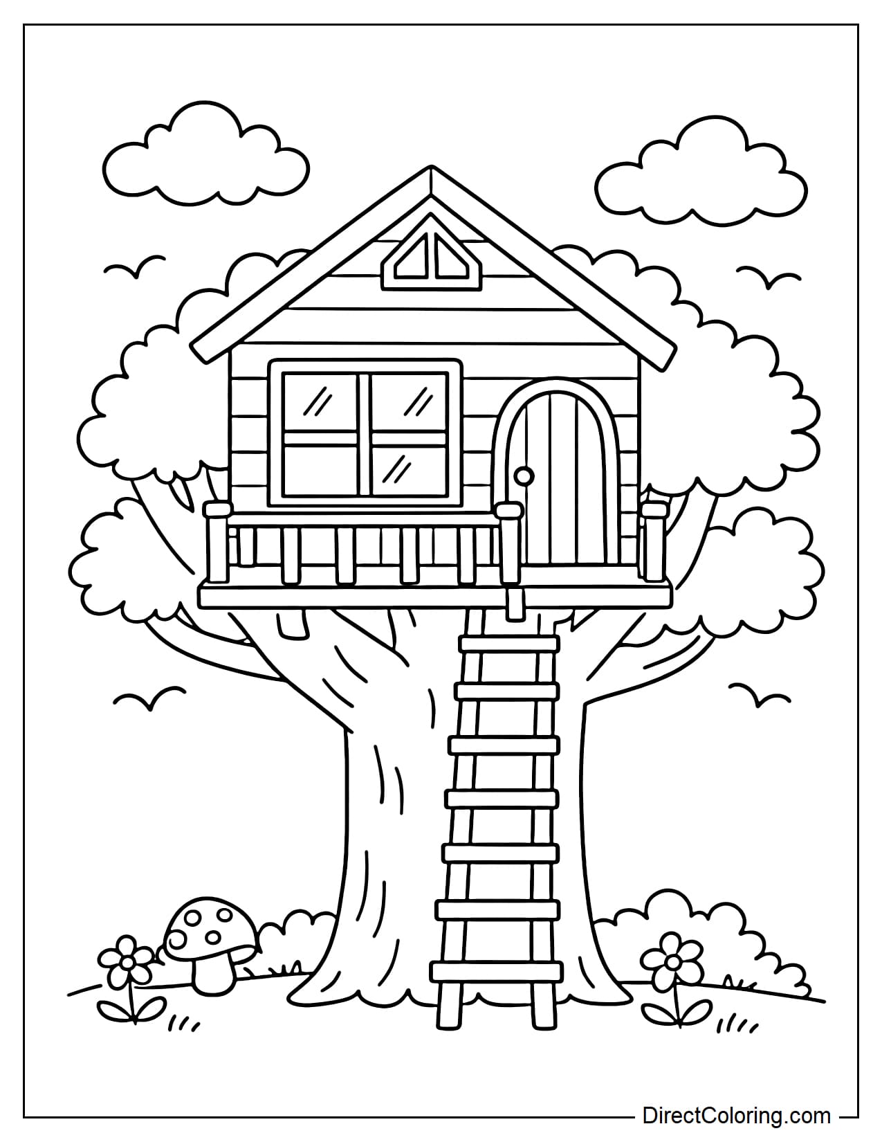 A treehouse with a small front balcony with a simple railing and large windows.