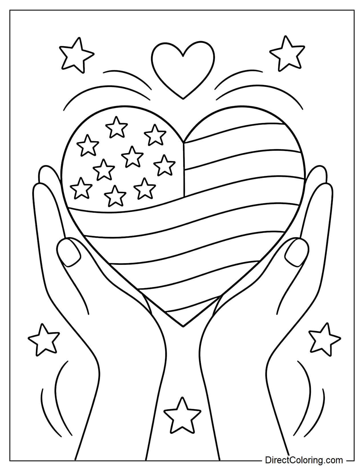 Two large hands are holding up a heart filled with American flag stars and stripes, with a few stars around it.