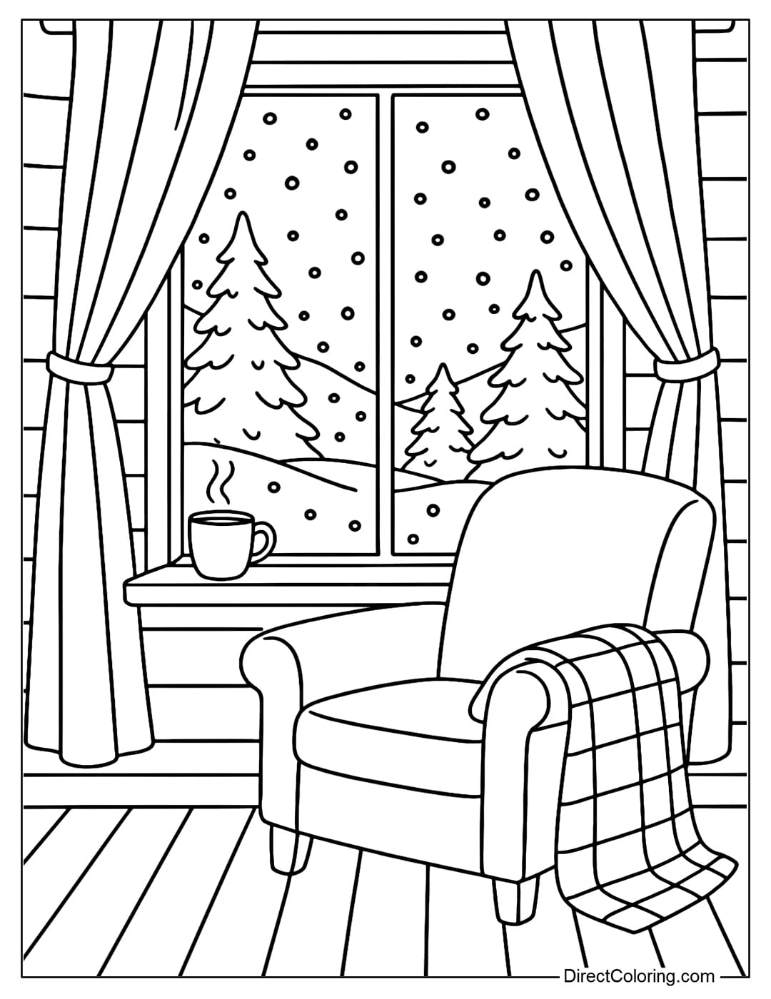 A wooden cabin window coloring page overlooking the snowy sky, with curtains, an armchair and a plaid blanket, and a cup of hot cocoa on the windowsill.