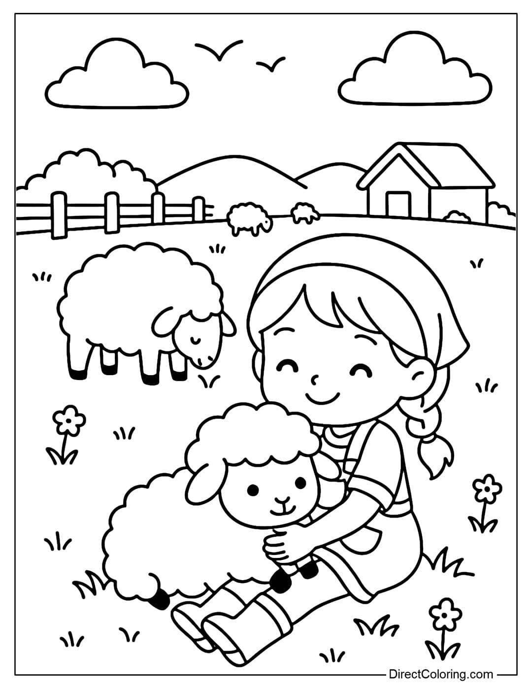 Coloring page of a farm girl holding a stuffed sheep, a flock of sheep grazing in the distance.