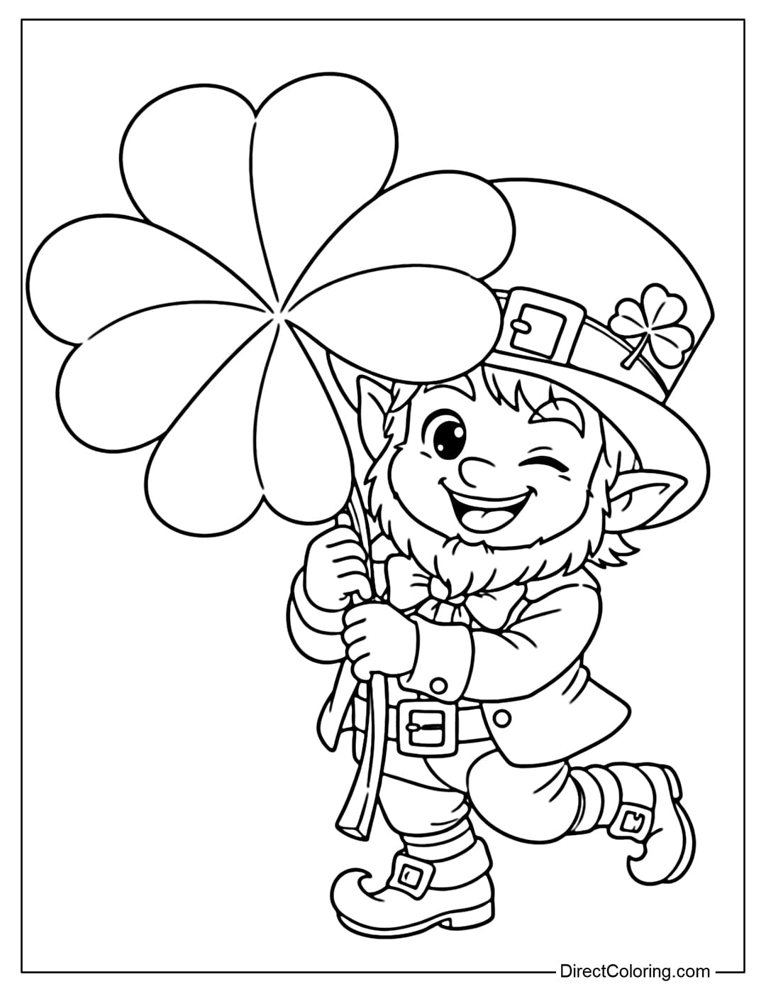 A coloring page of a Leprechaun holding a large four-leaf clover, symbolizing good luck, with a mischievous and adorable face.