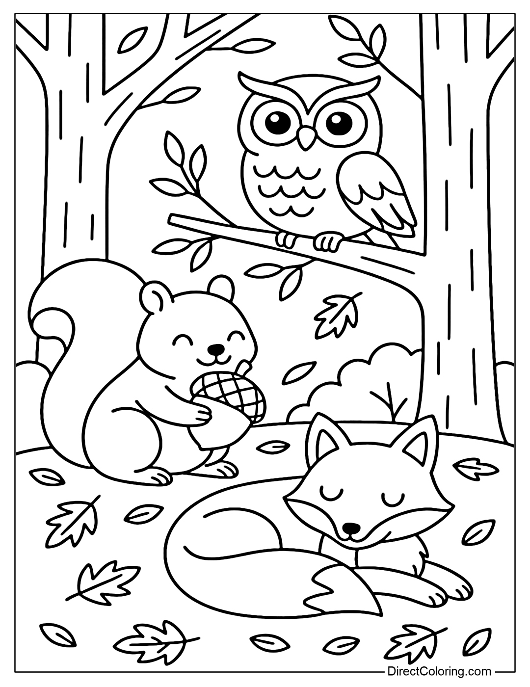 Coloring page of squirrel holding acorn, owl on branch, fox resting, forest floor with fallen leaves.
