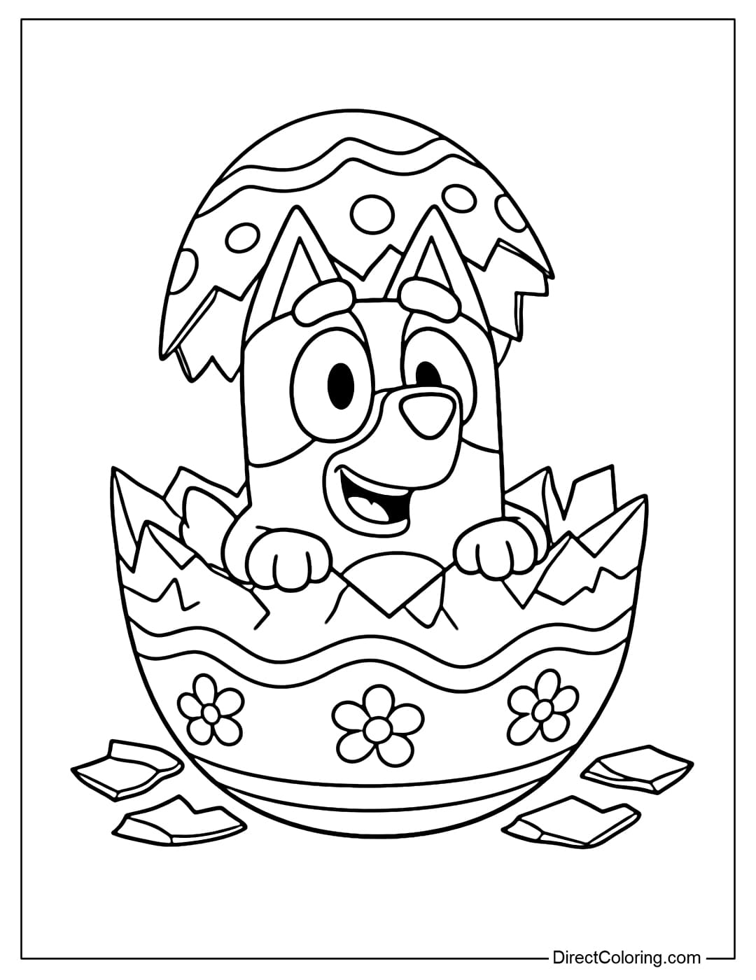This coloring page shows Bluey hatching from a cracked Easter egg, with the shell opening all around.