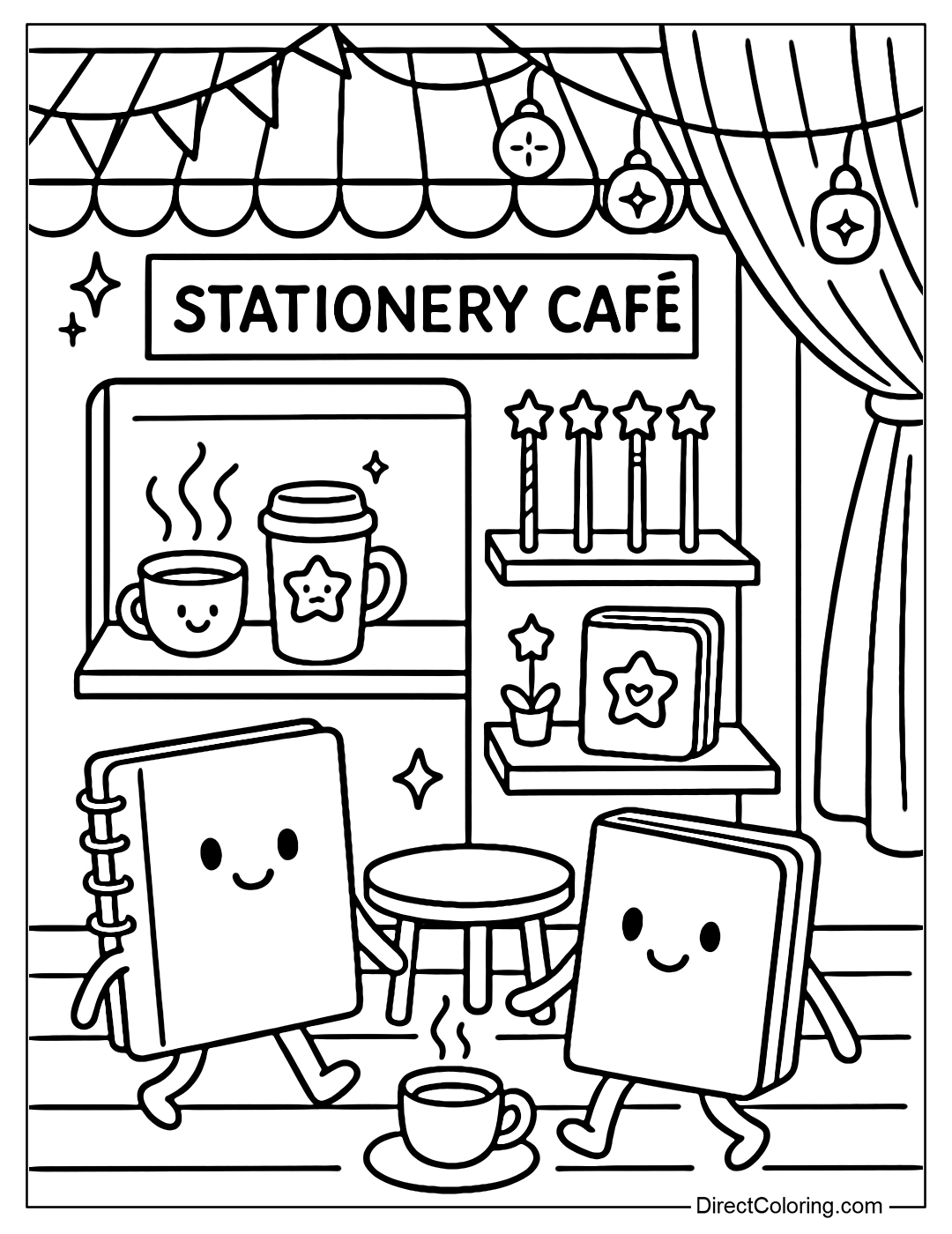 A coloring page of a magical cafe specializing in selling school supplies: a display shelf for magic pens, a cup with stickers, a background with hanging curtains, fairy lights, and guests are walking notebooks.