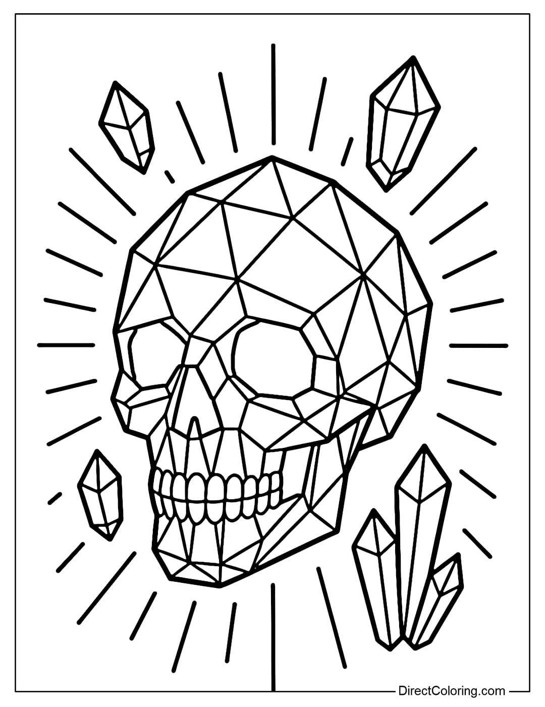 A skull coloring page made of transparent crystal, shining with multi-faceted crystals.