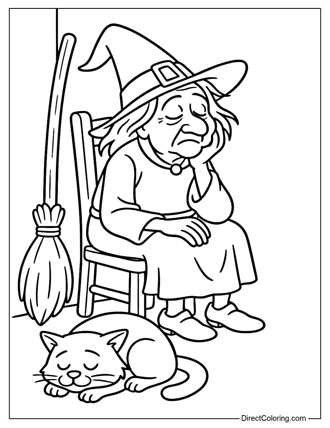 A witch sitting on a wooden chair, her chin resting sleepily, her broom leaning against the wall, the old cat dozing.