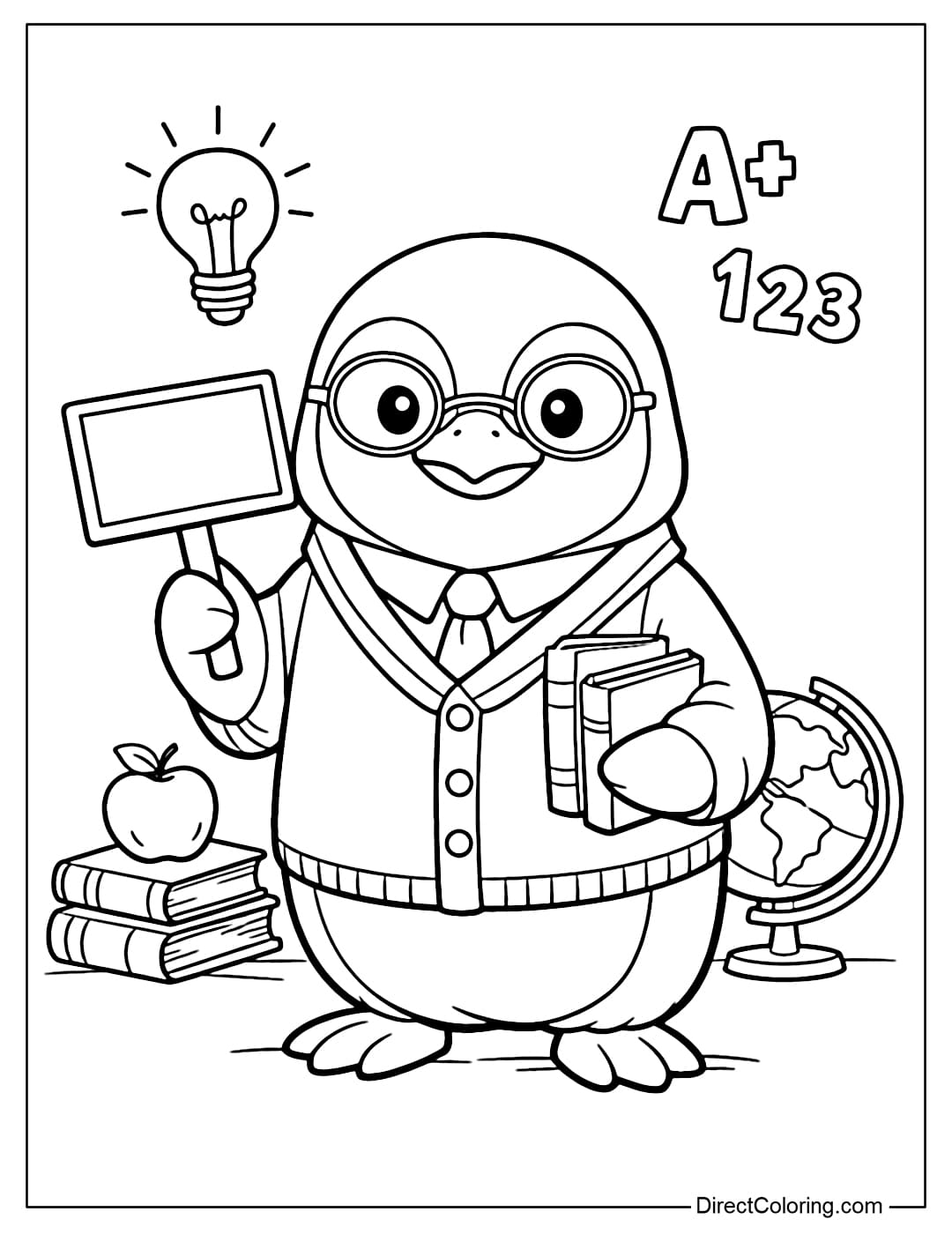 A coloring page of a penguin wearing a simple teacher's outfit, holding a small whiteboard, in an educational style.