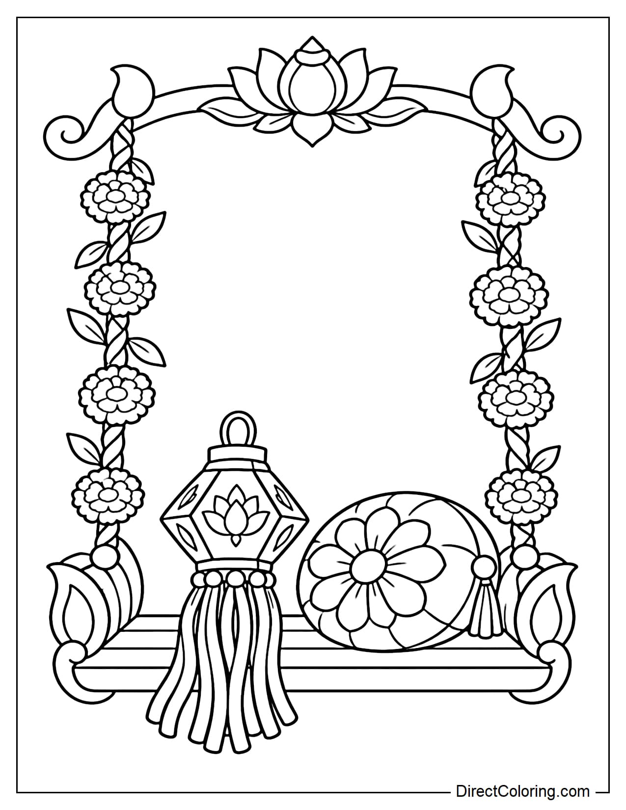 A wooden swing hangs from two ropes wrapped in marigold garlands, beneath an arched beam decorated with a lotus. A diamond-shaped kandil lantern and a round floral cushion rest on the seat.