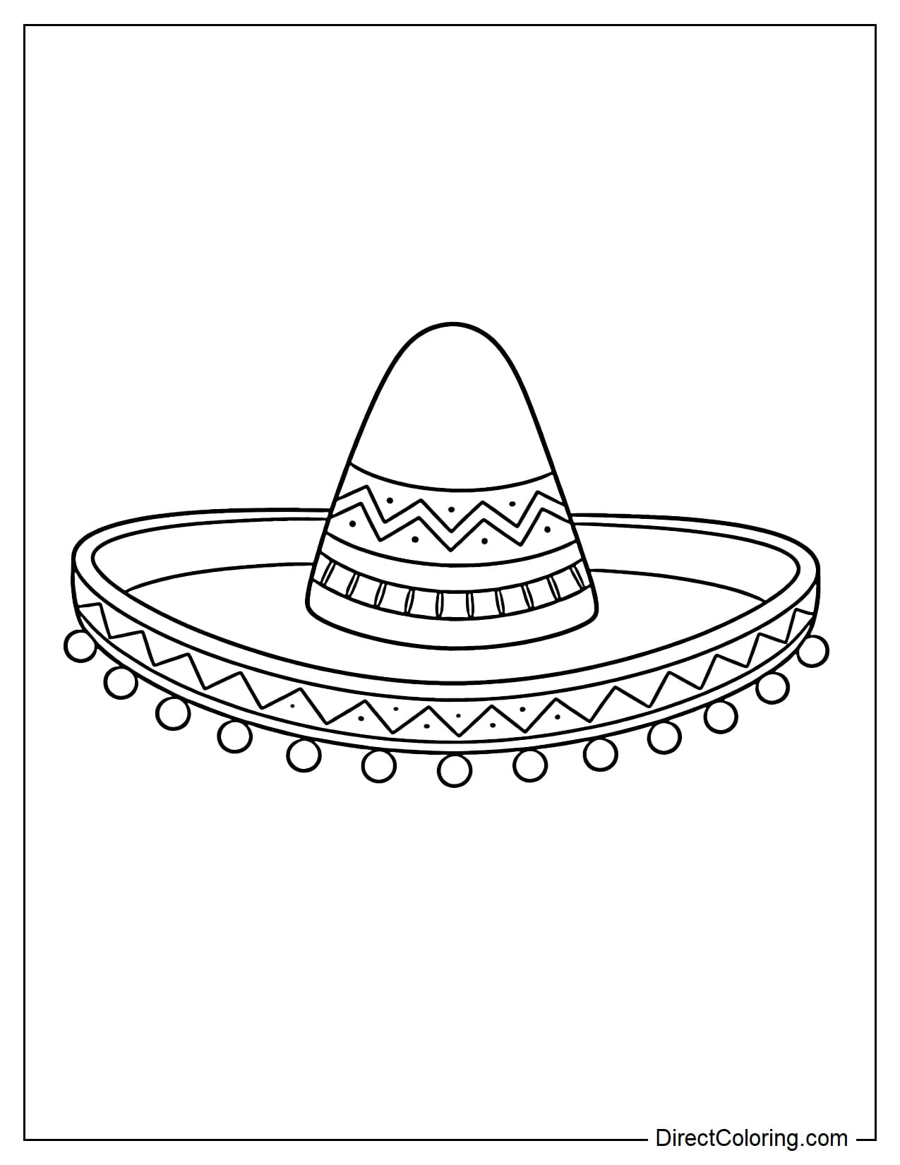 A sombrero hat decorated with geometric symbols such as zigzag lines, horizontal stripes, small polka dots, and tassels along the brim.