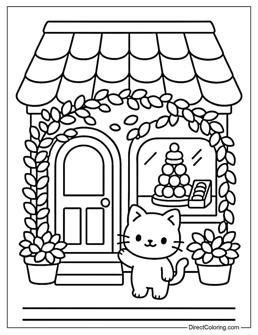 Coloring page of bakery front view, vine-lined door; kitten greeting customers; macaron tower in the glass, macaron boxes of various sizes.