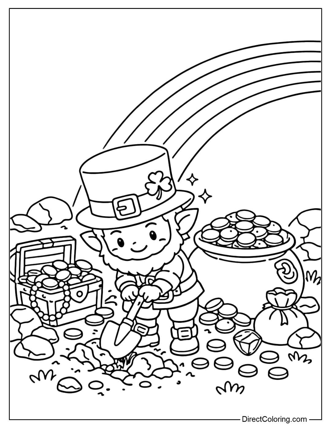 A coloring page of a Leprechaun digging for gold at the end of a rainbow, surrounded by rocks, grass, and dropped treasure.