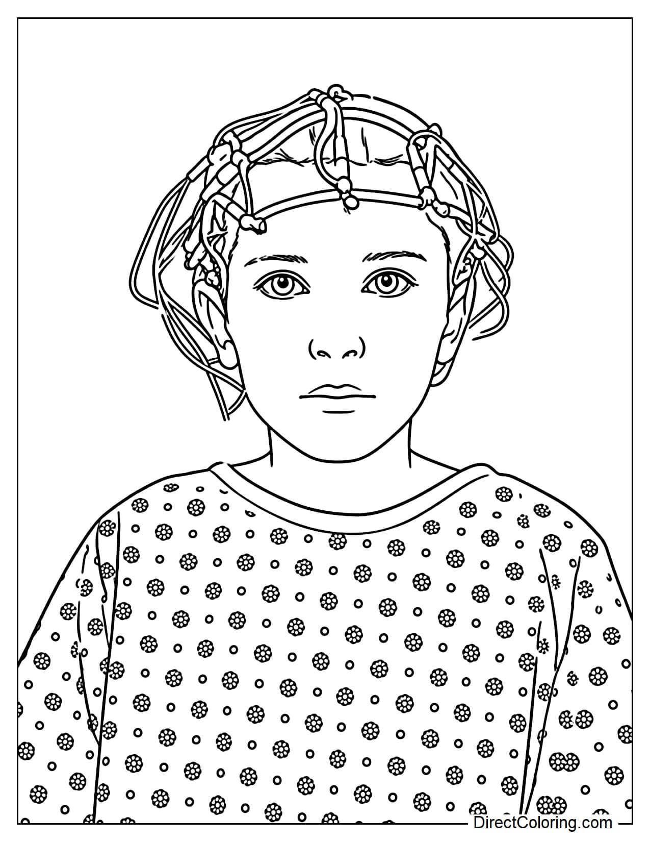Eleven wears a medical testing cap covered with wires, in a hospital-style gown during one of the laboratory experiments from her early years.