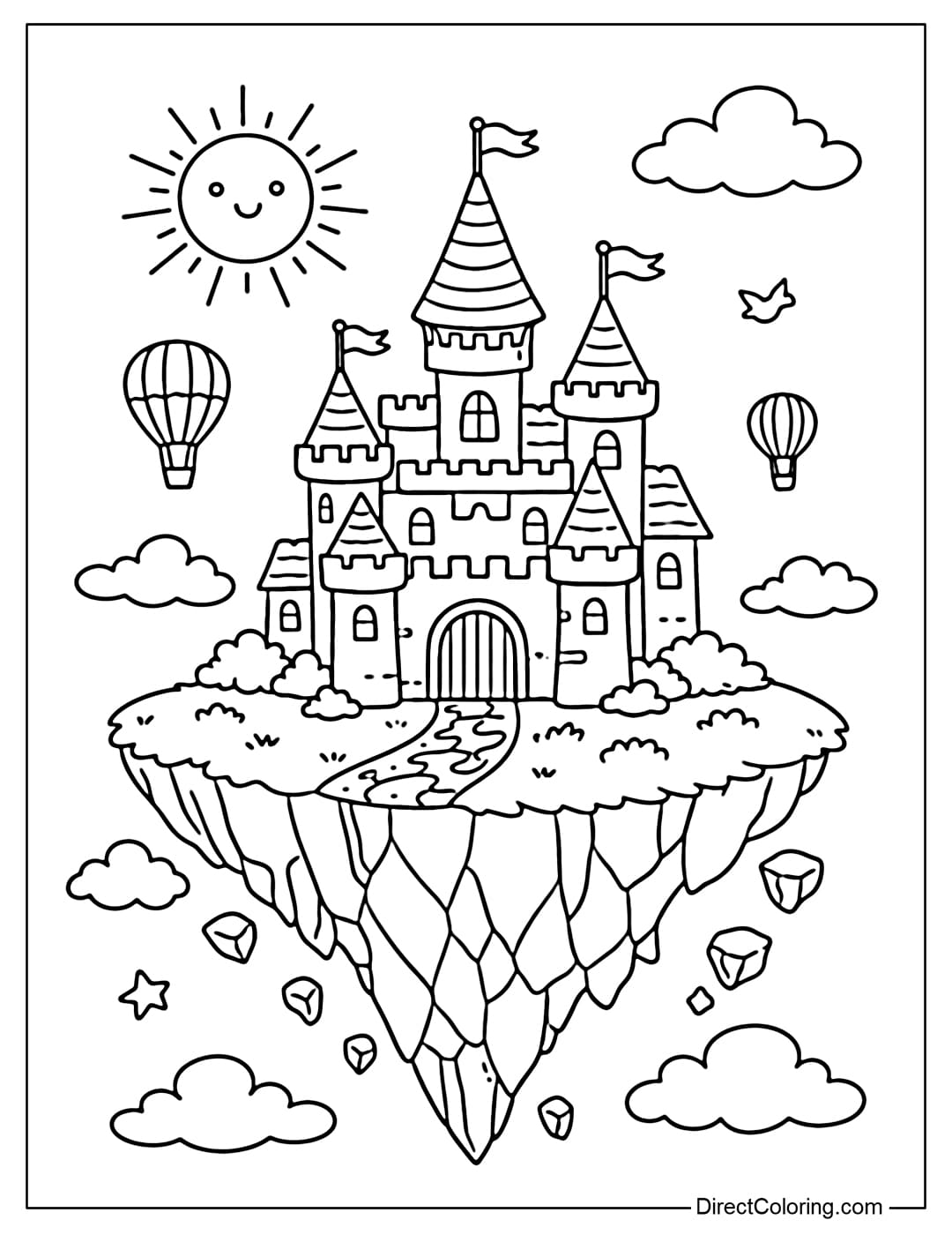 A coloring page of a cute castle standing on a floating island in the sky.