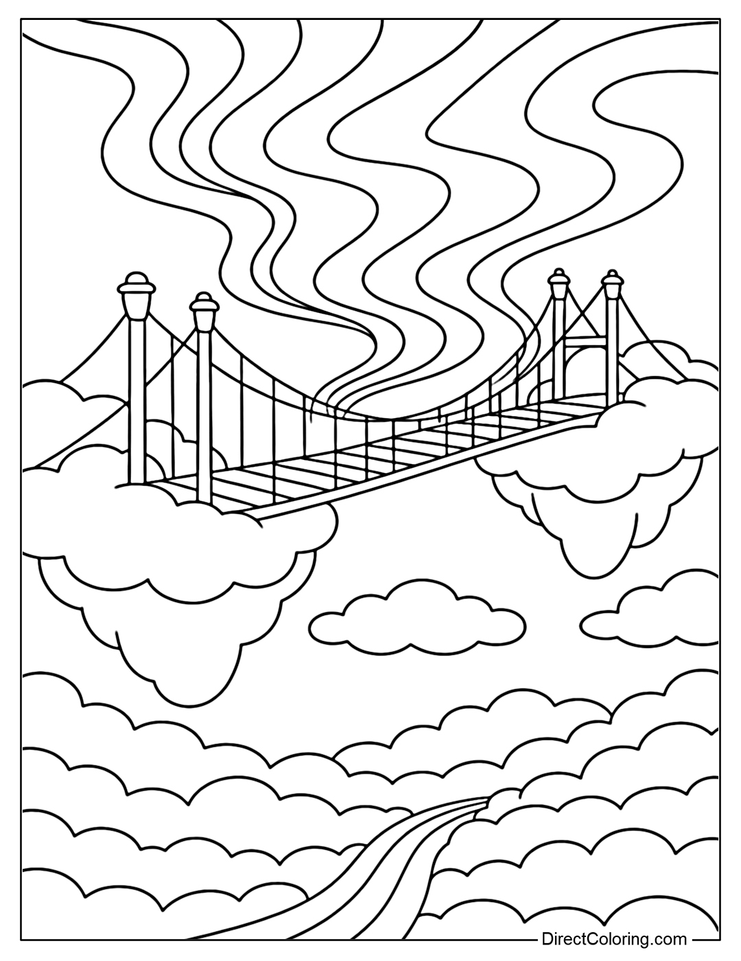 Coloring page of a giant suspension bridge spanning two giant cloud islands. Below is a vast sea of clouds, on the suspension bridge are lampposts.