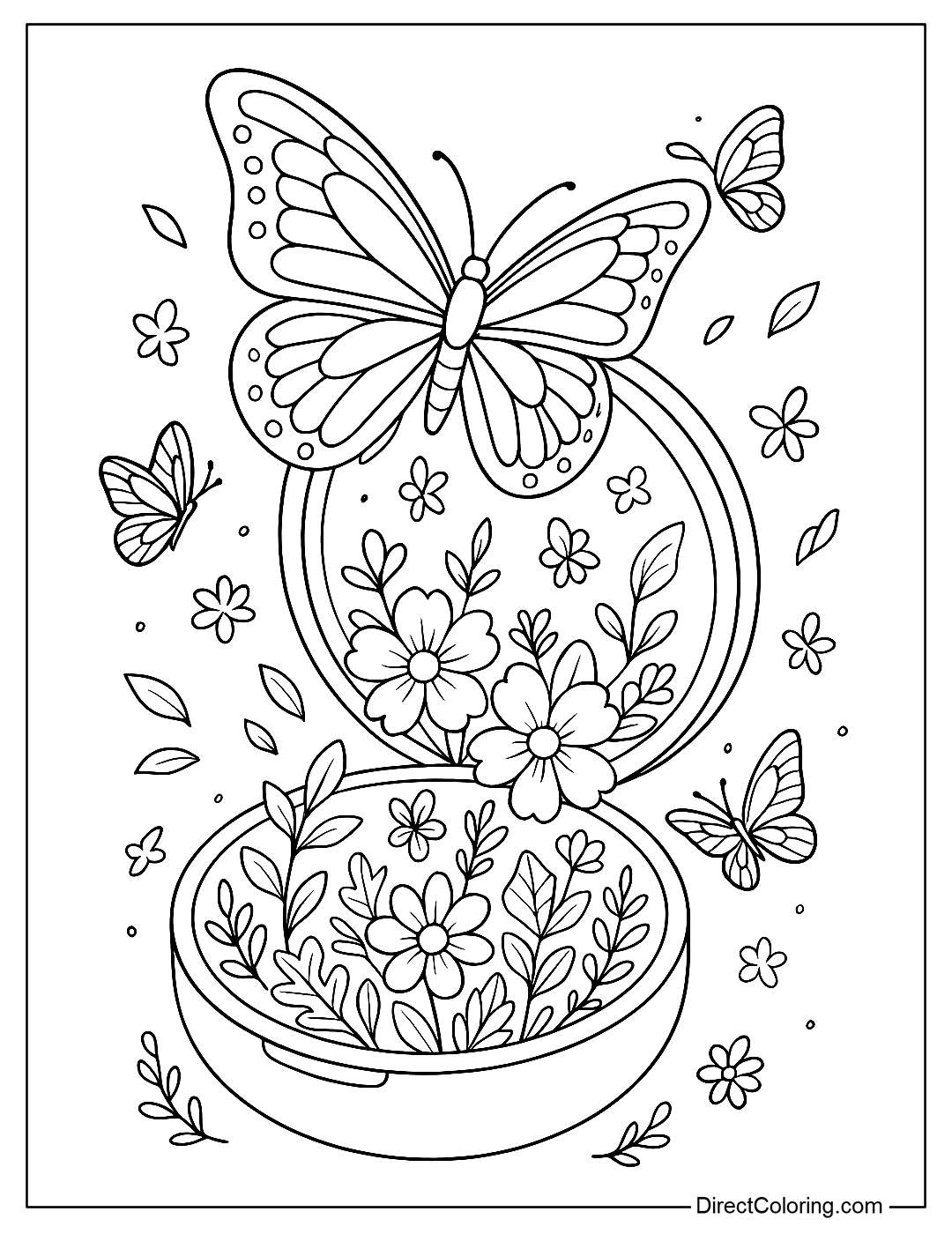 Butterfly Compact Coloring Page that opens to a world of colorful flowers and butterflies