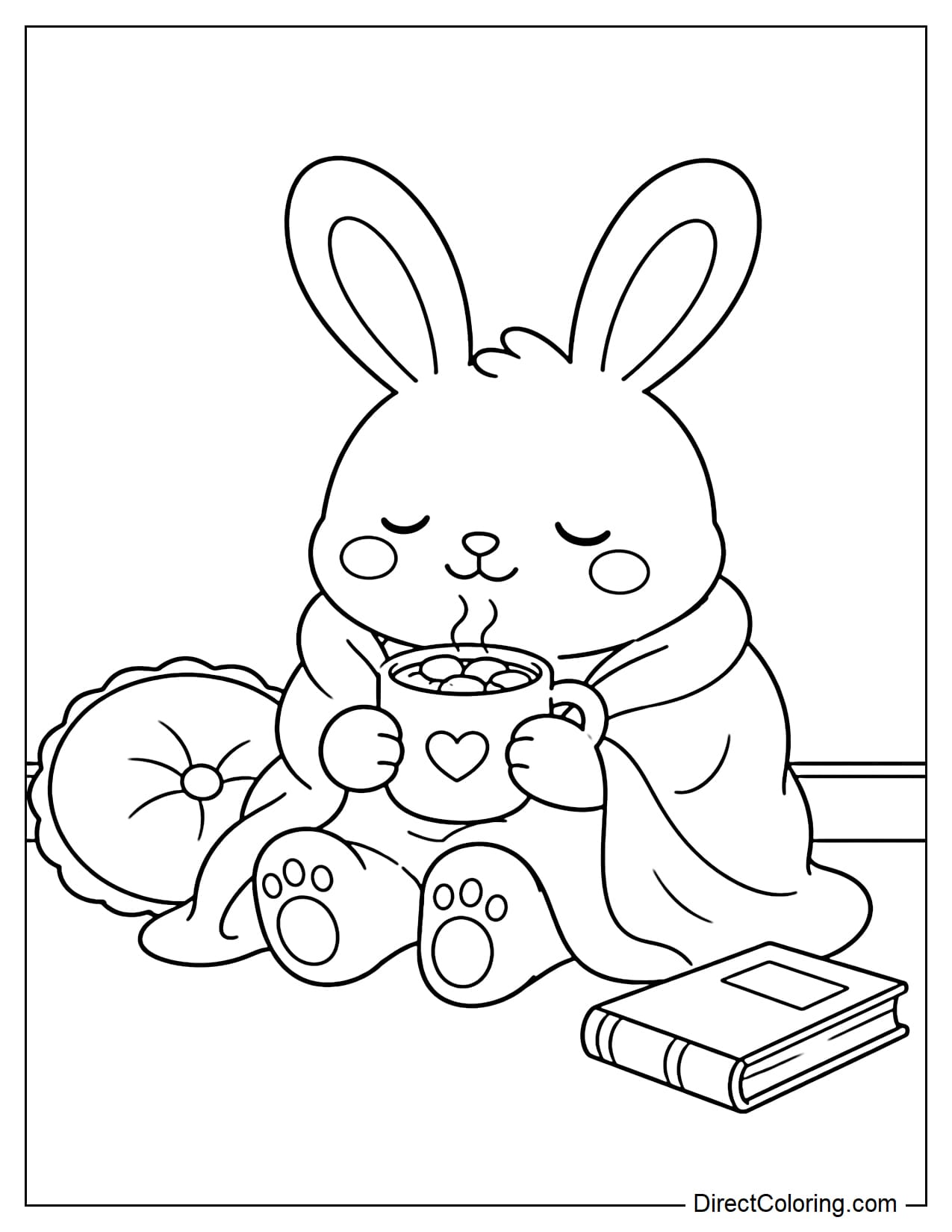 A rabbit sits on the floor wrapped in a large blanket, holding a cup of hot cocoa close to its chest. A round pillow and a book rest beside it.