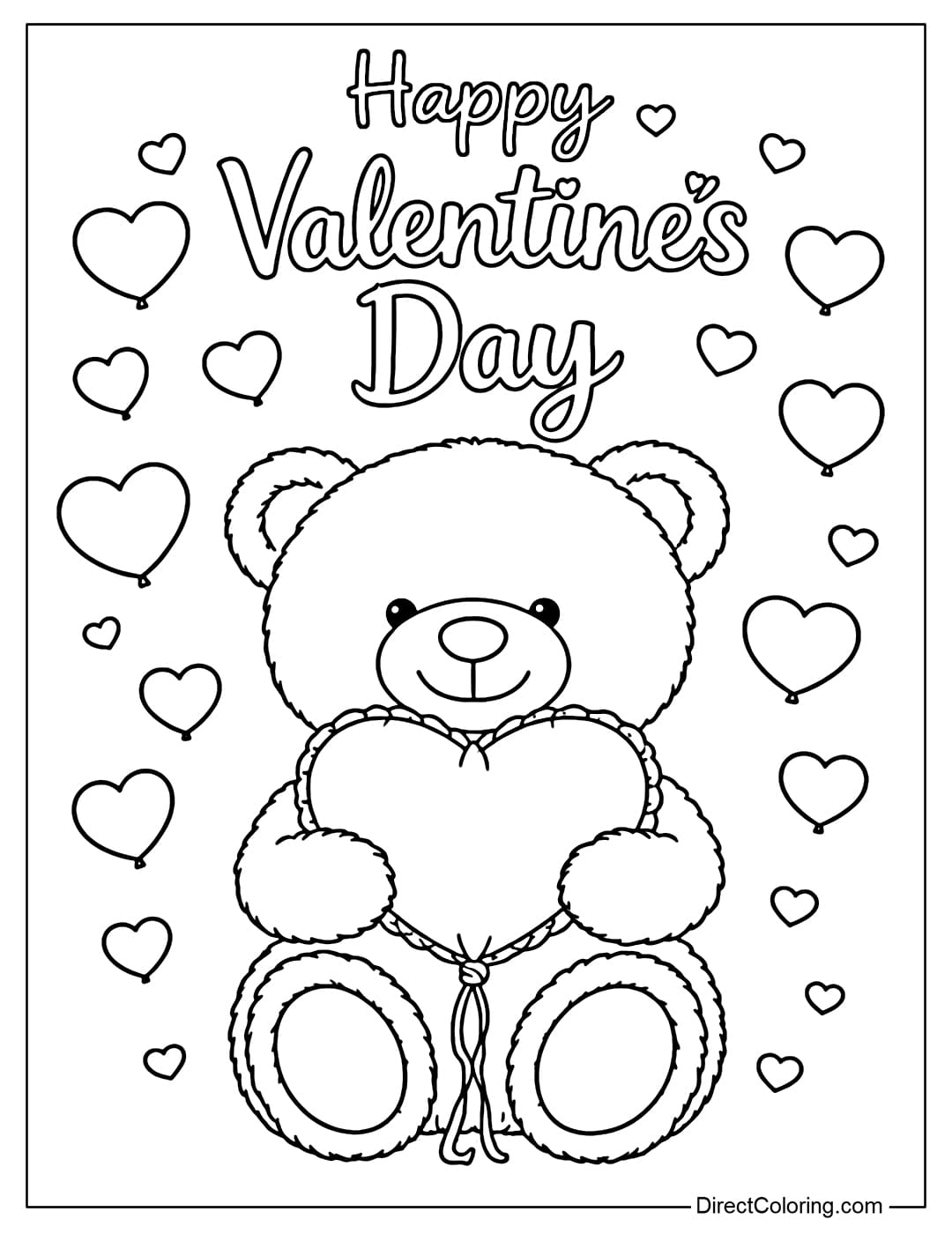A coloring page featuring a cute teddy bear sitting and hugging a big heart, with the words 