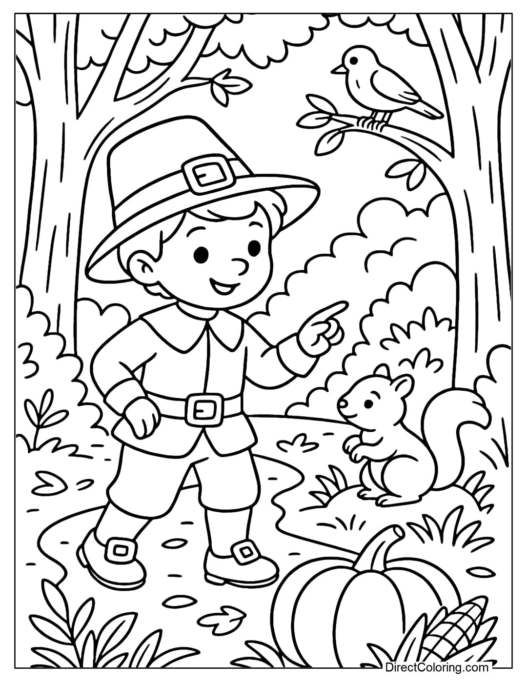 Pilgrim Boy in Forest Coloring Page exploring the forest, observing squirrels and birds.