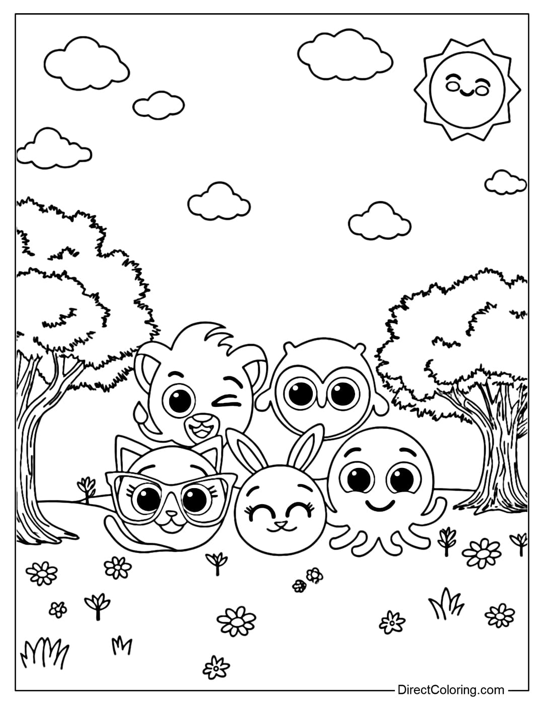 Coloring page of cartoon characters Bolofofos playing in a park on a sunny day.