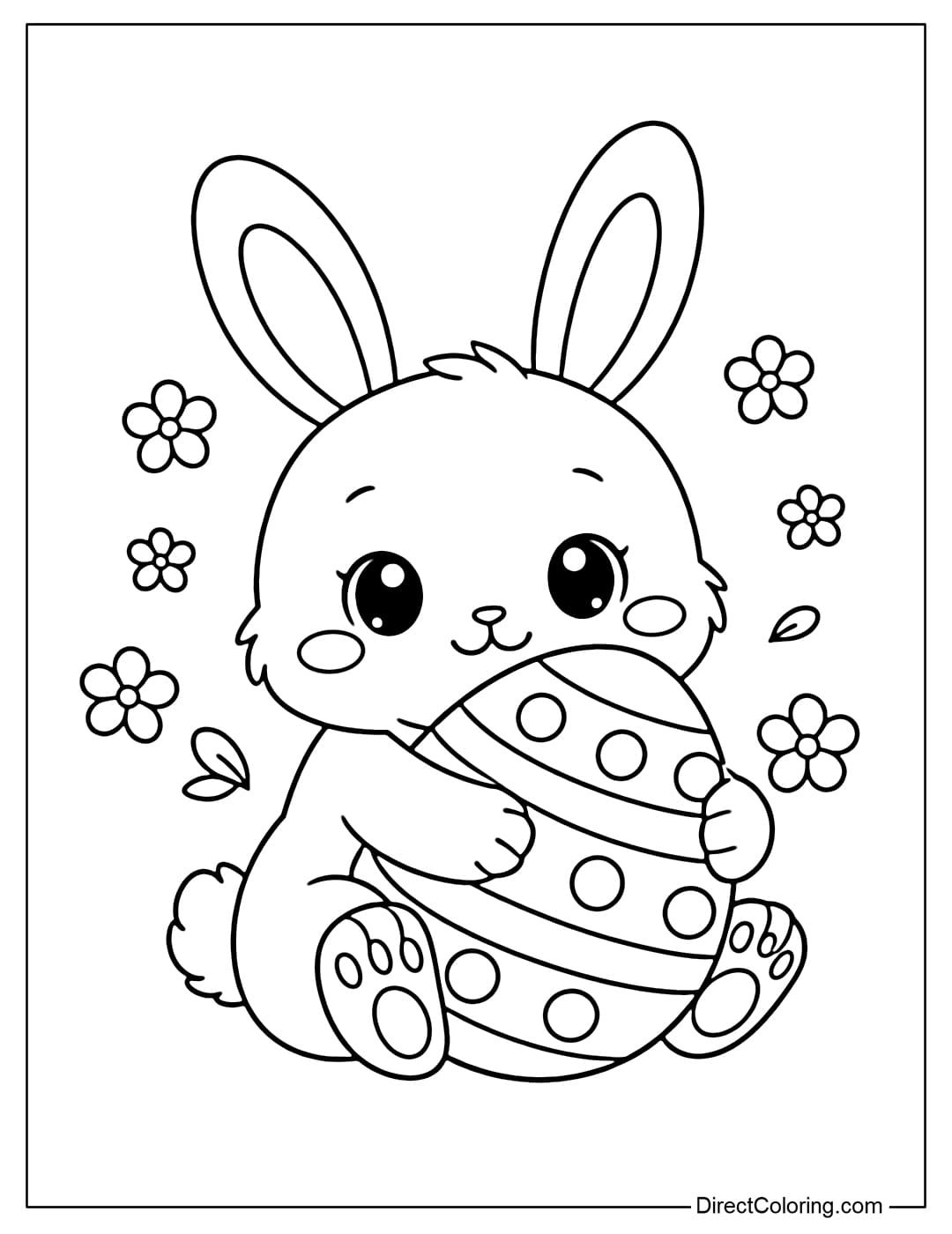 A cute Easter bunny coloring page featuring a bunny sitting and hugging a large polka-dot and striped egg, surrounded by flowers.