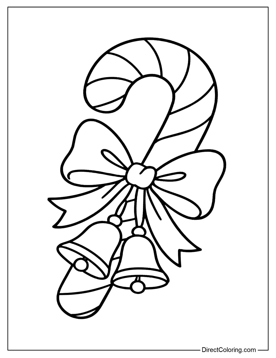 Candy cane coloring page with a large bow tied in the middle, and two small bells hanging from it.