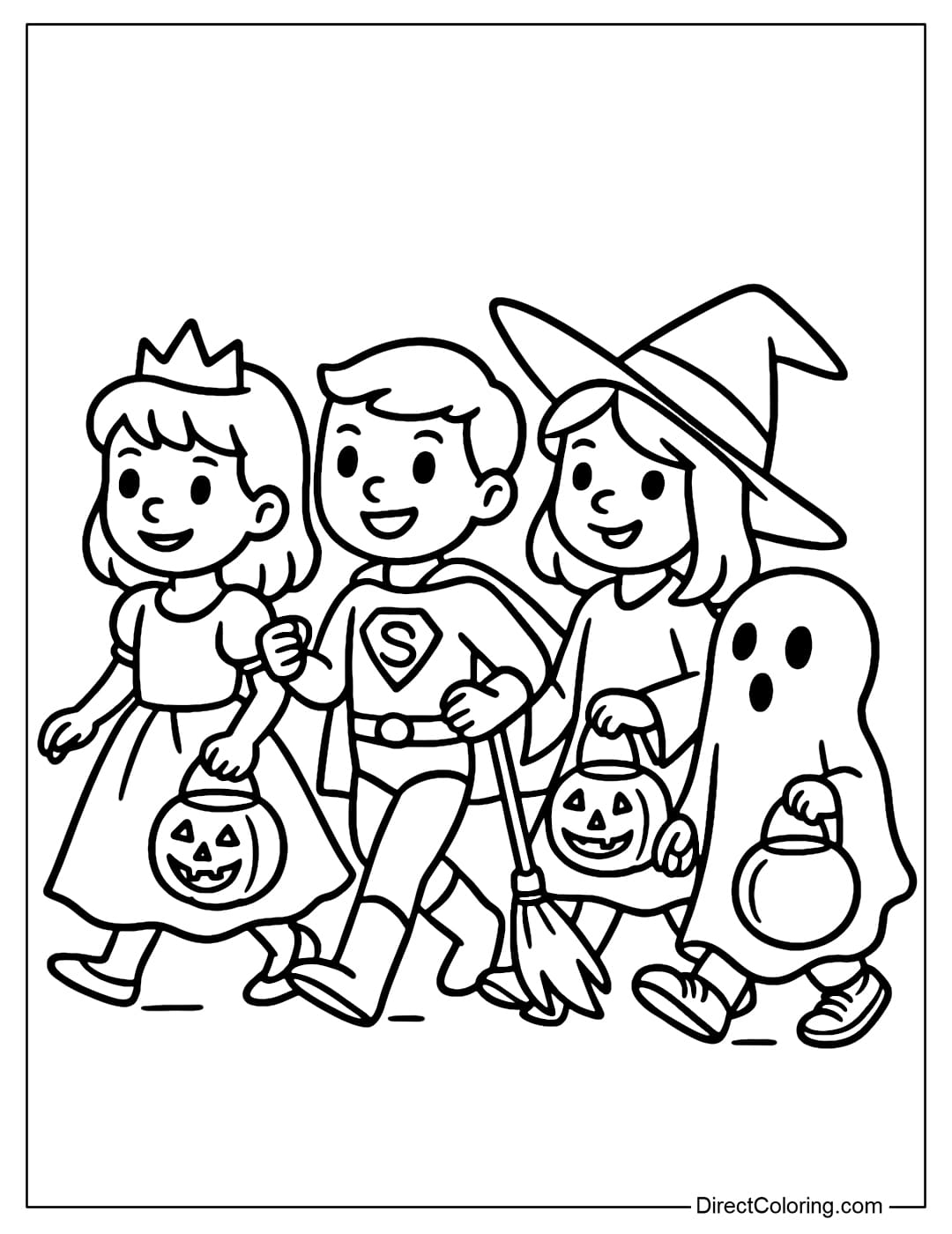 A coloring page of a Halloween parade with kids dressed as princesses, superheroes, witches and little ghosts.