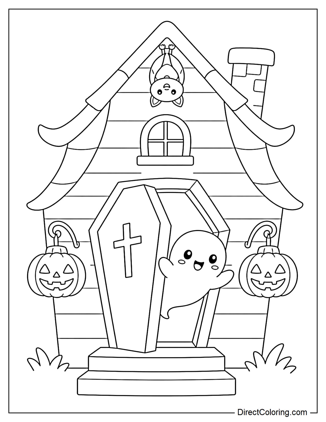 A haunted house with a large upright coffin-shaped front door, slightly open as a round ghost floats outside, with pumpkin lanterns on both sides of the entrance and a small bat hanging upside down from the roof.