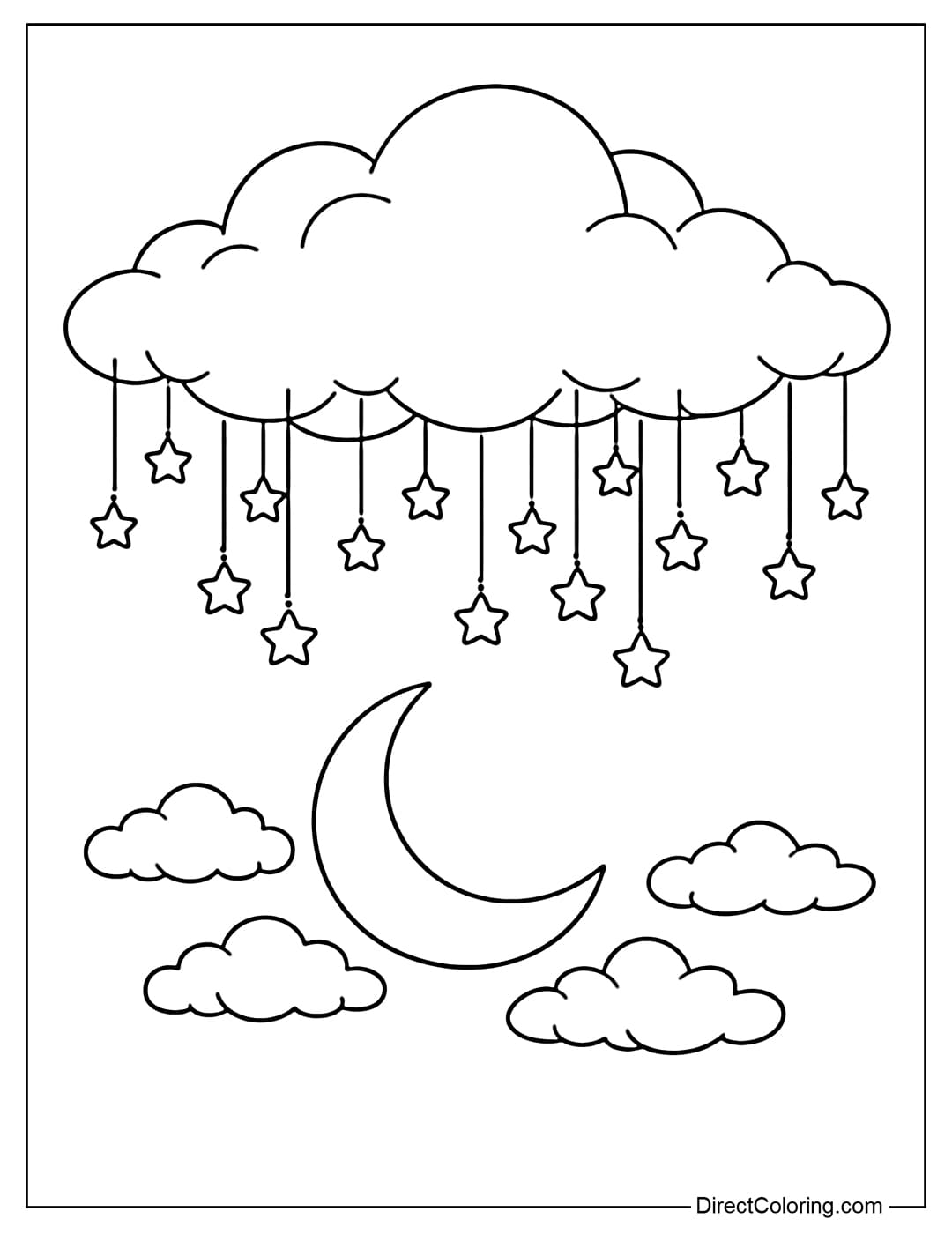 A coloring page of a large cloud hanging with many small stars like decorative lights, with a crescent moon and a few small clouds below.