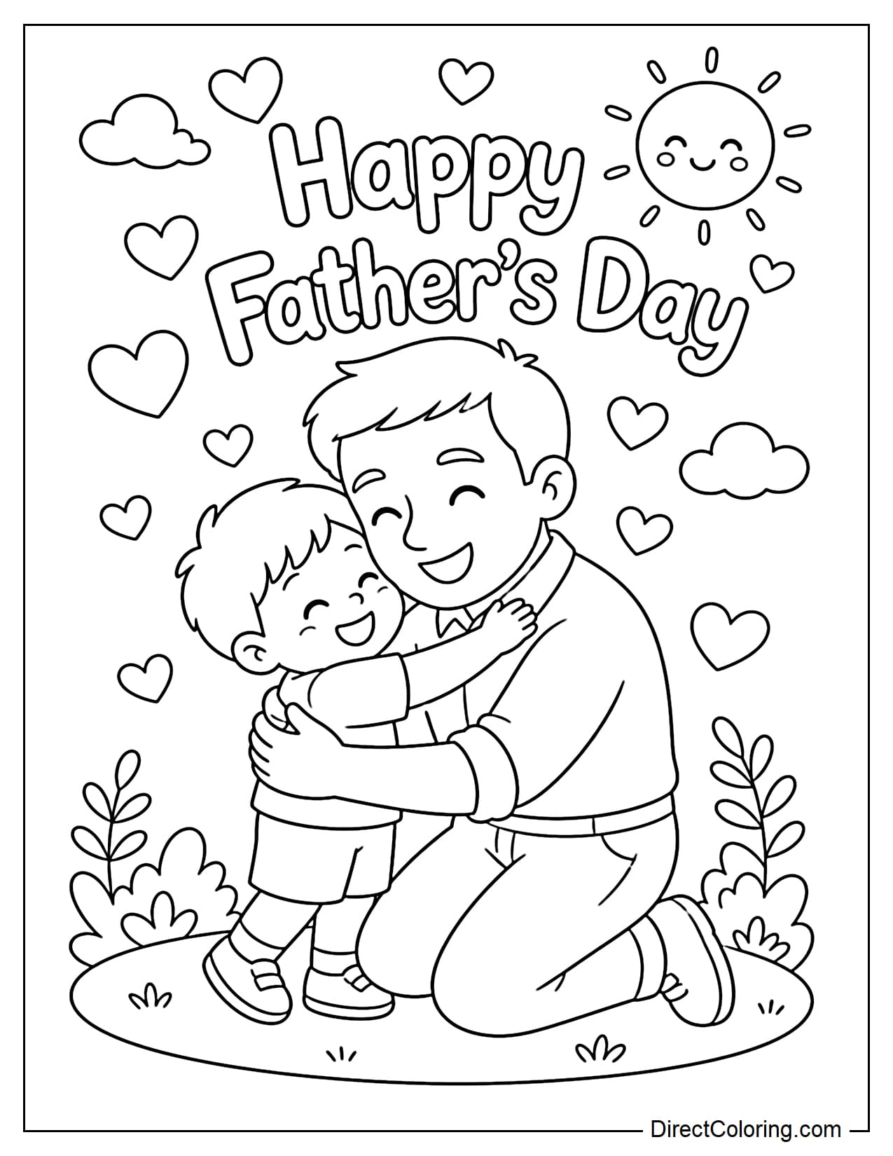 A scene of a child hugging their father on Father's Day, with the words 