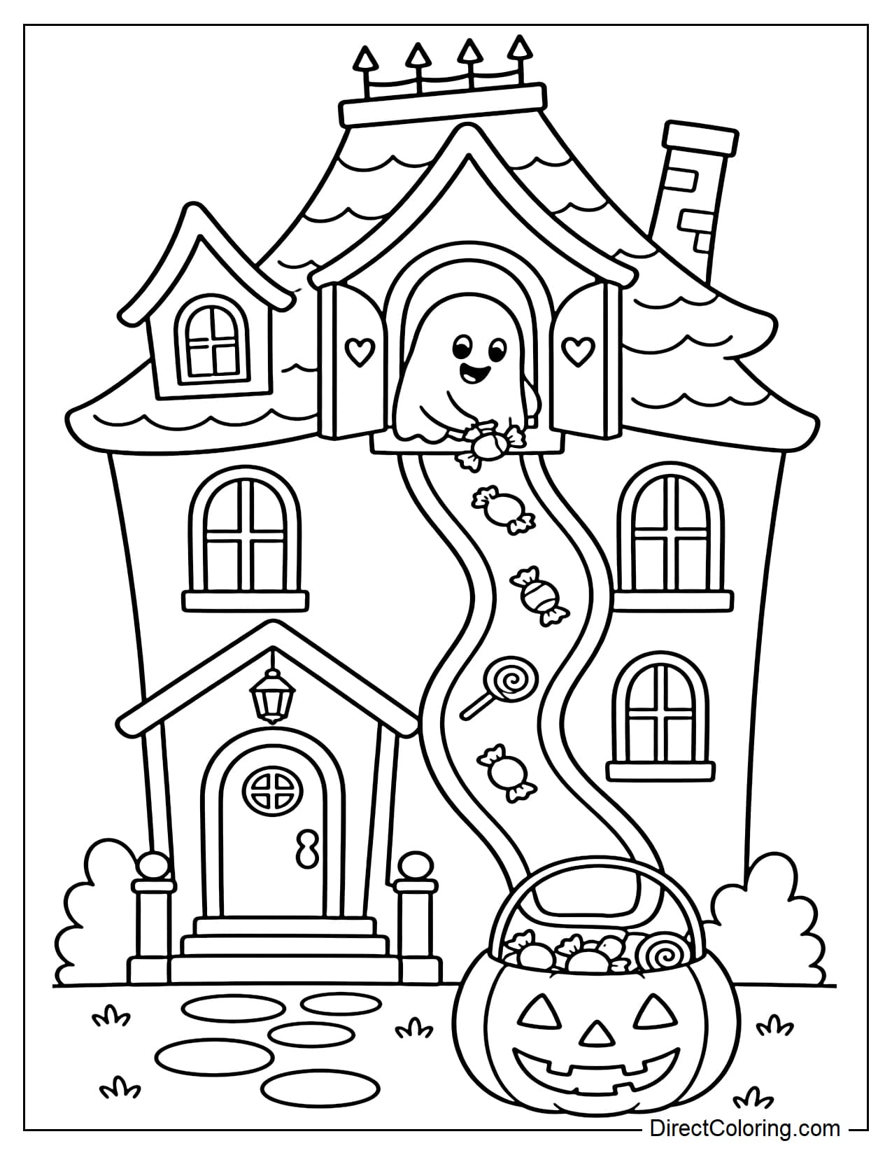 A haunted house has a large candy chute running from an upstairs window down to a Halloween bucket in the front yard. A small ghost drops pieces of candy into the chute from above.