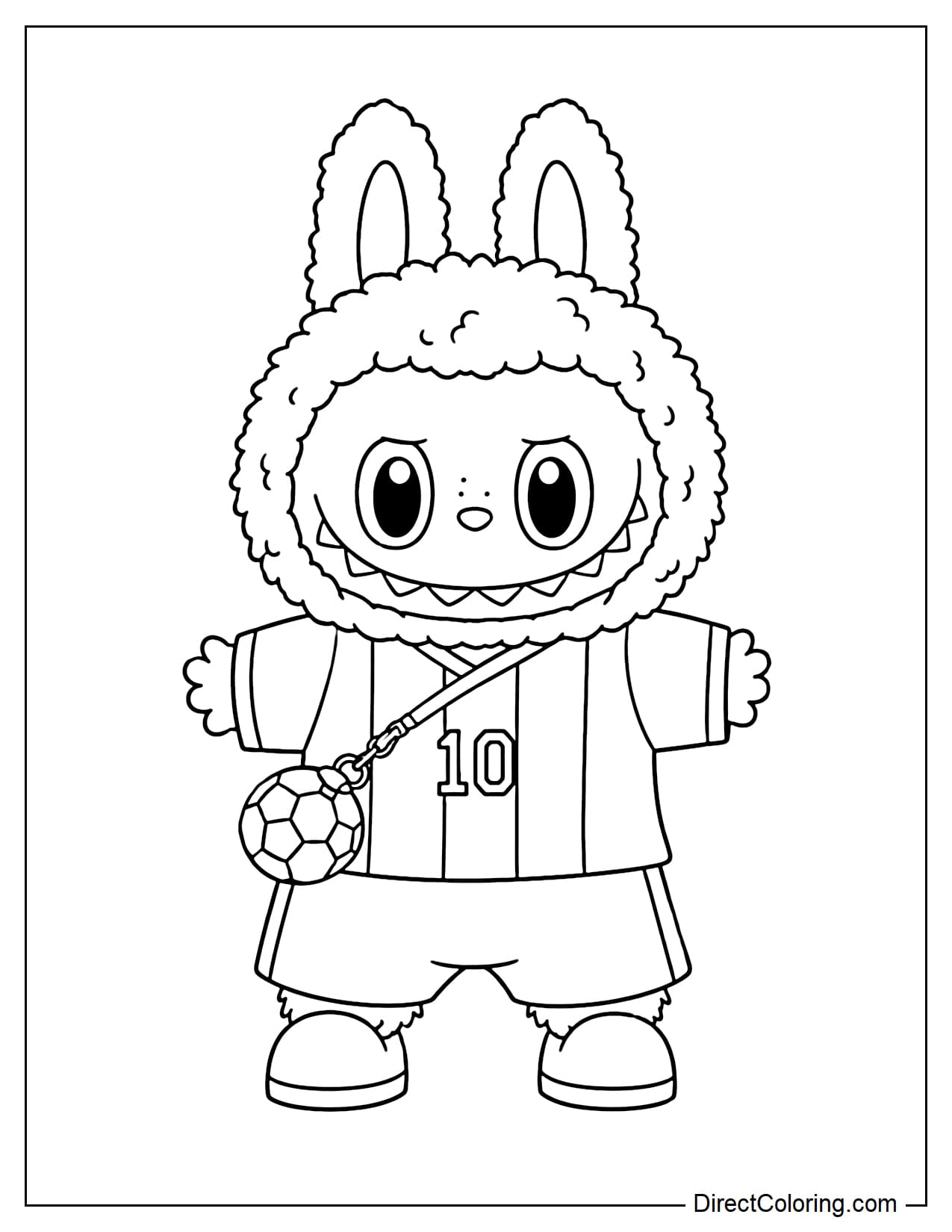 Labubu is wearing a number 10 soccer jersey, shorts, and sneakers, with a mini soccer ball bag slung across his shoulder.