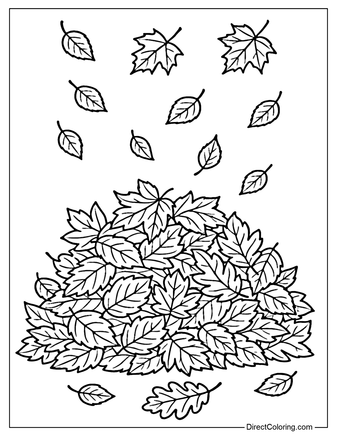 A coloring page of a tall pile of autumn leaves, a few leaves falling gently.