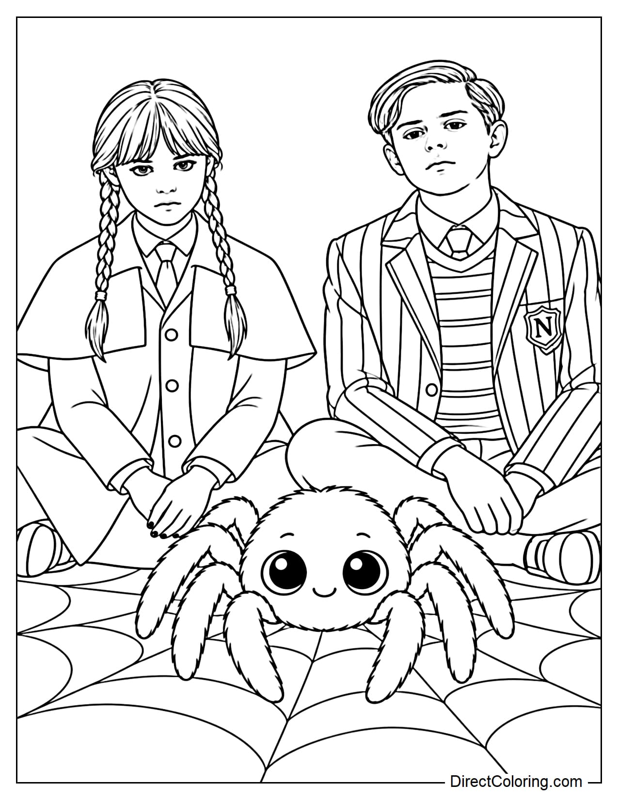 Wednesday and Pugsley sit on opposite sides of a giant, cute-looking spider, with a few large strands of spiderweb beneath them.