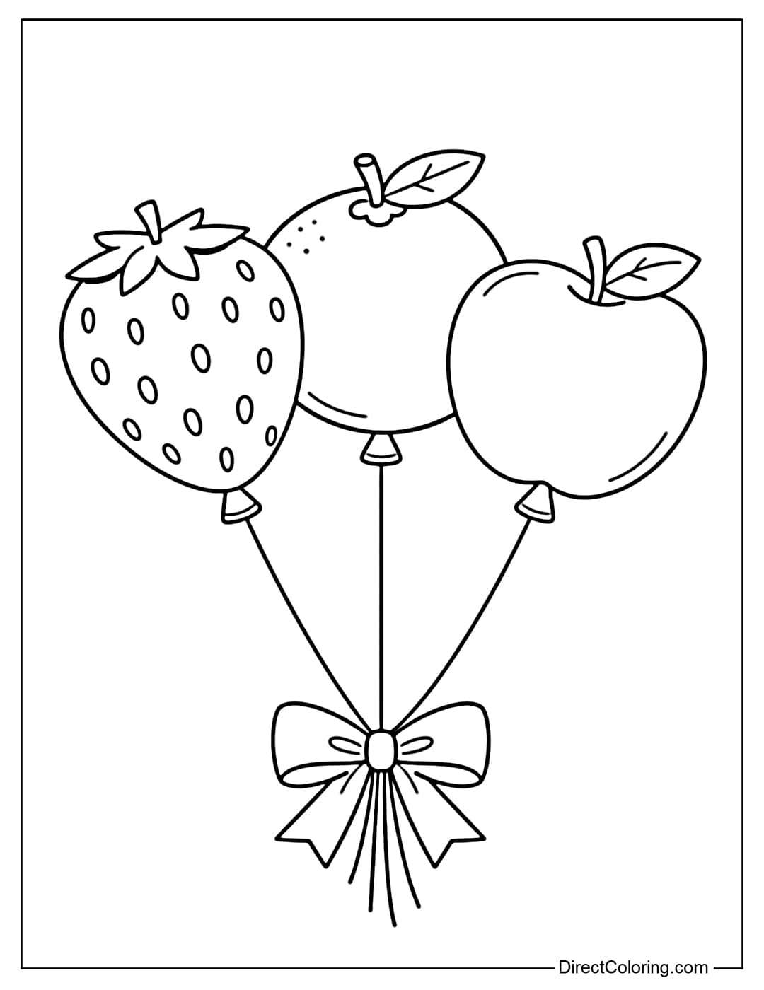 Coloring page featuring fruit balloons like strawberries, oranges, or apples, each with a cute little cartoon face.