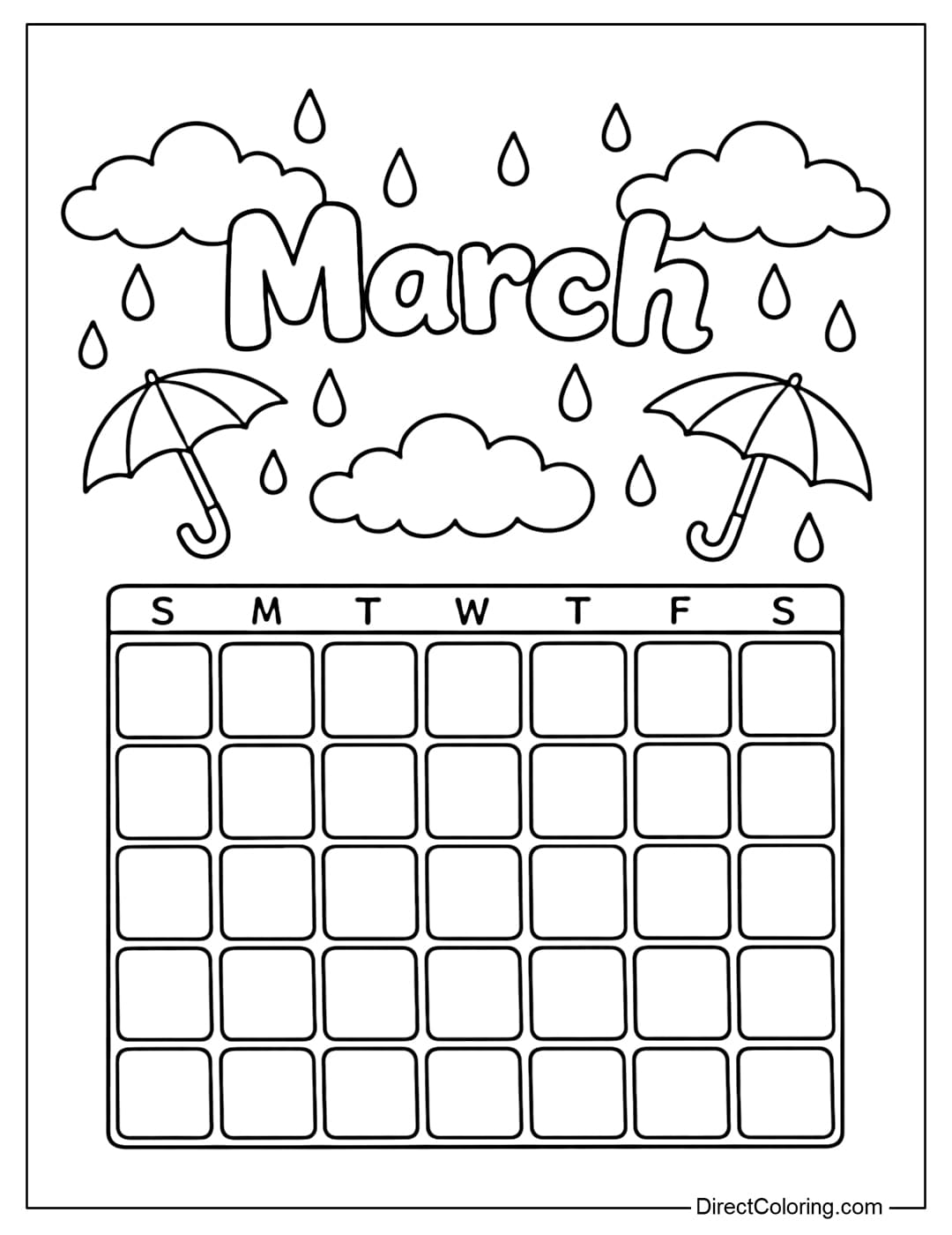 A coloring page with a March calendar above it, combined with clouds, an umbrella, and raindrops.