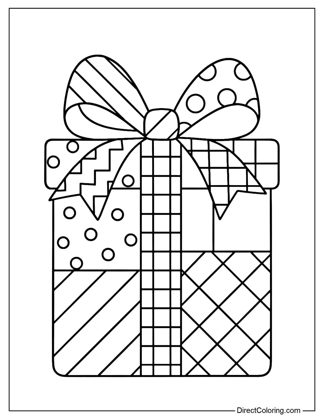 Patchwork Coloring Page A large Christmas gift box, consisting of many large square and rectangular patchwork pieces.