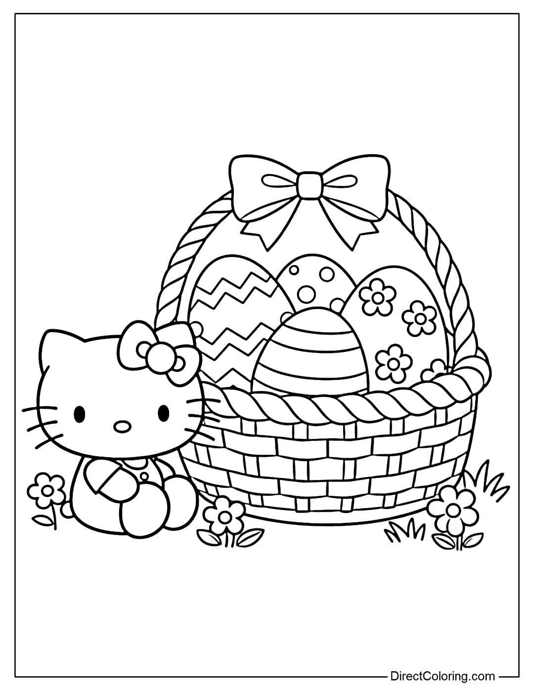 Hello Kitty is sitting next to a large basket of Easter eggs, which contains several large eggs.