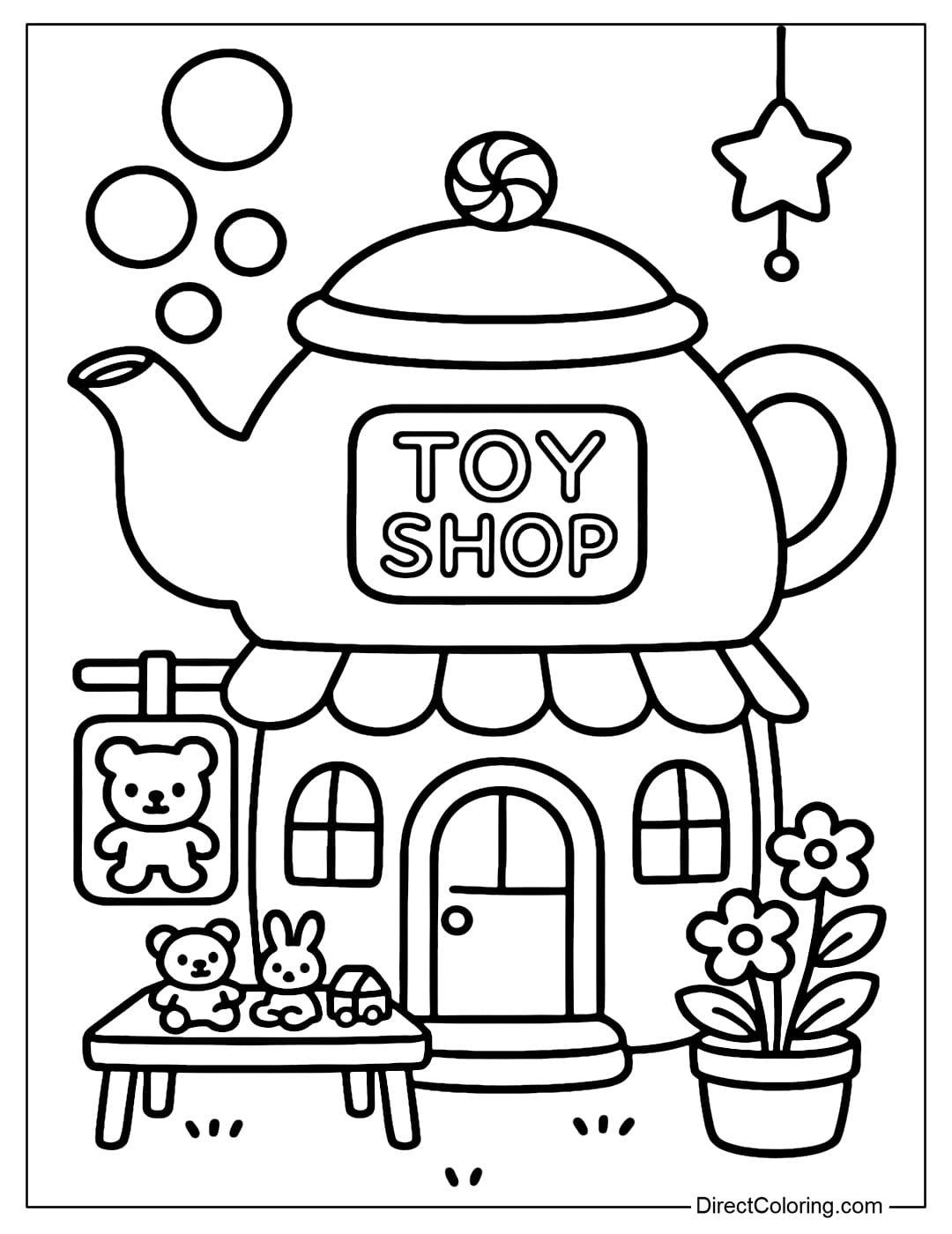Teapot Toy Shop Coloring Page A giant teapot toy shop coloring page, with bubbles coming out of the spout of the teapot.