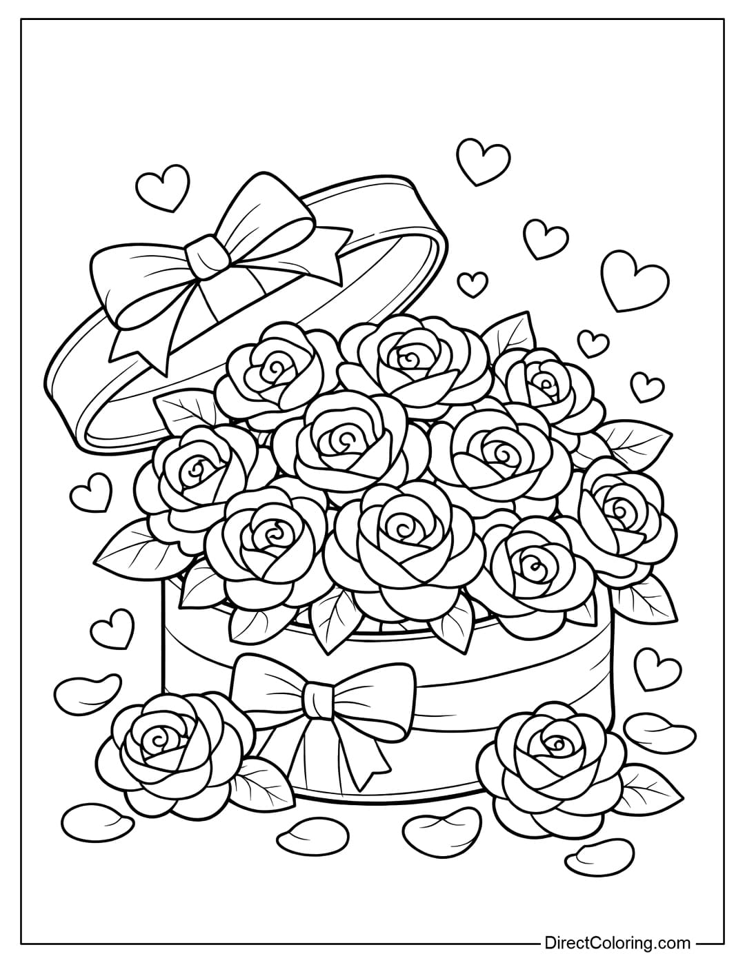 A coloring page of a round gift box with its lid open, revealing many roses spilling out.