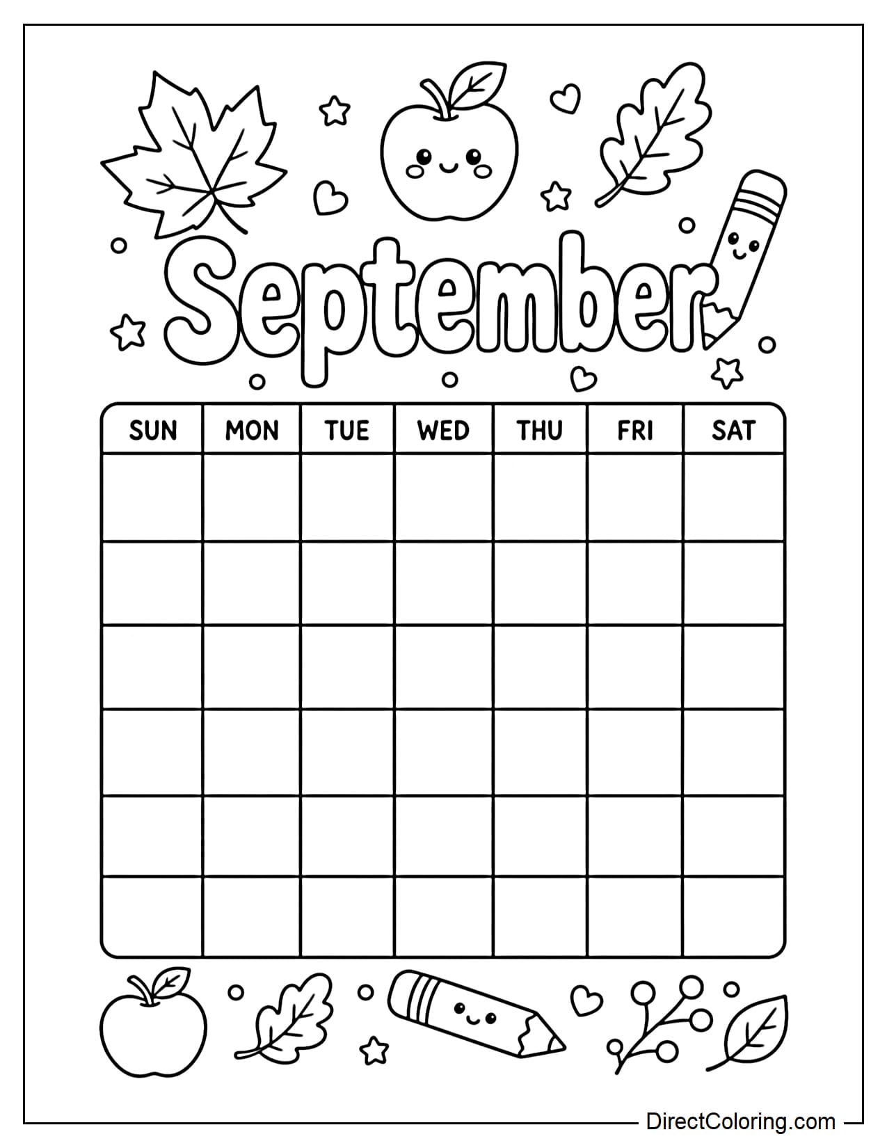 A September calendar with large, easy-to-color day boxes, a prominent 