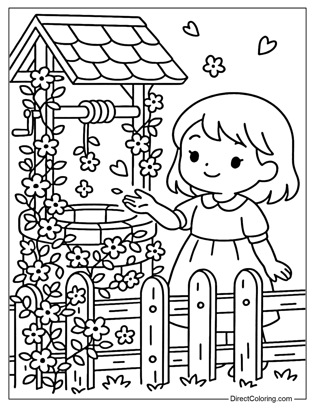 A fence coloring page next to a wishing well, covered with climbing flowers, a little girl releasing flower petals into the wind.