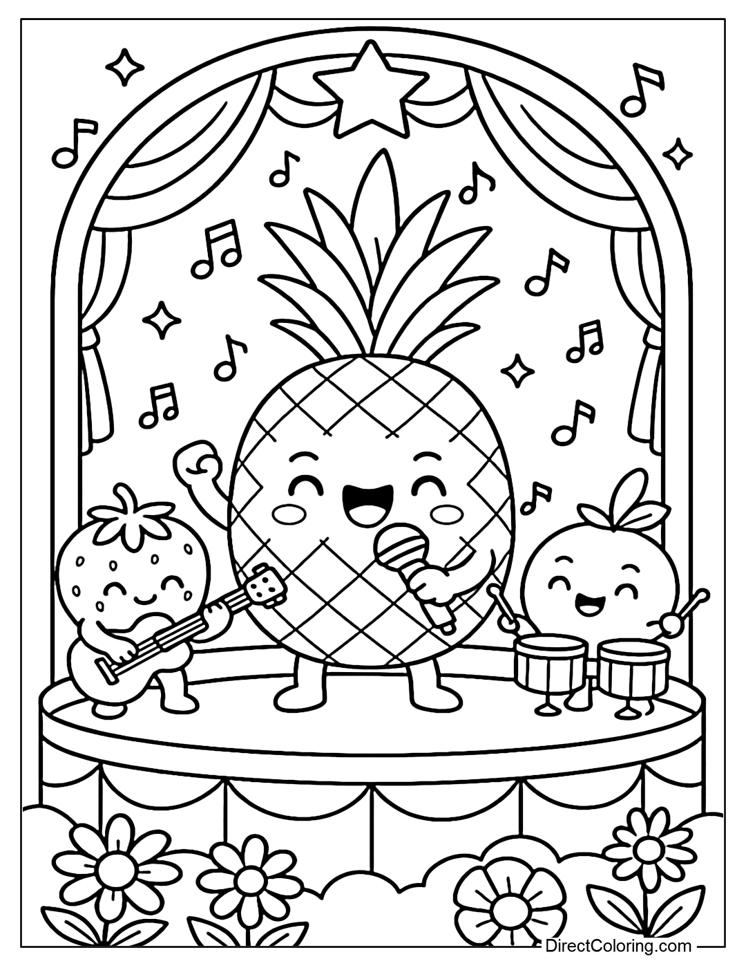 Fruit music stage coloring page with pineapple as the lead singer.