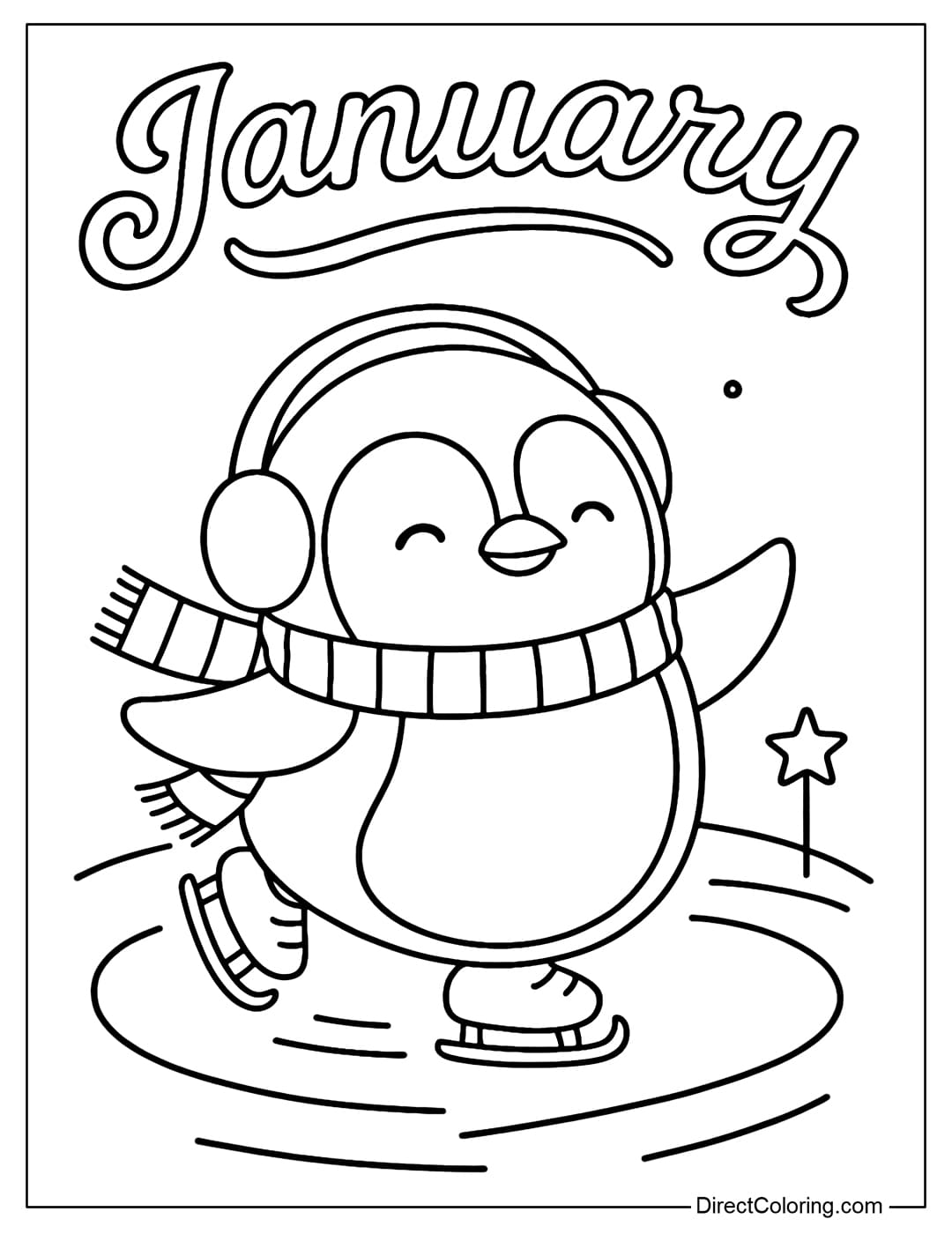 A coloring page with a cute penguin skating. The word January is on top.