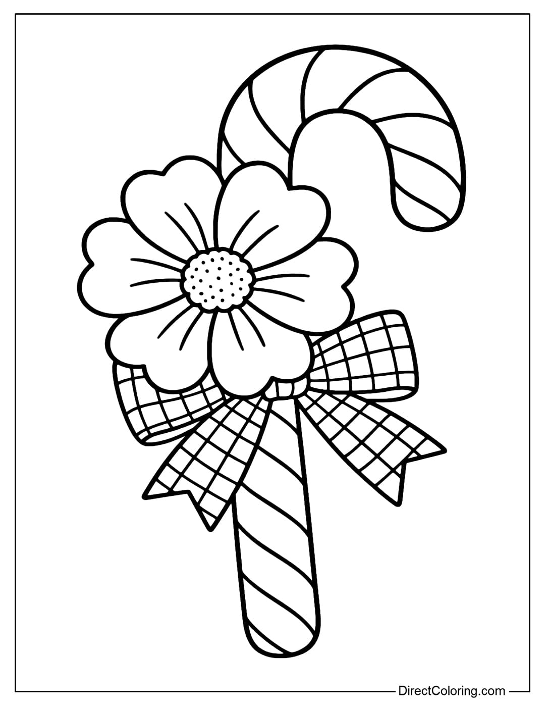 Coloring page of candy cane decorated with fabric flowers and small checkered ribbons.