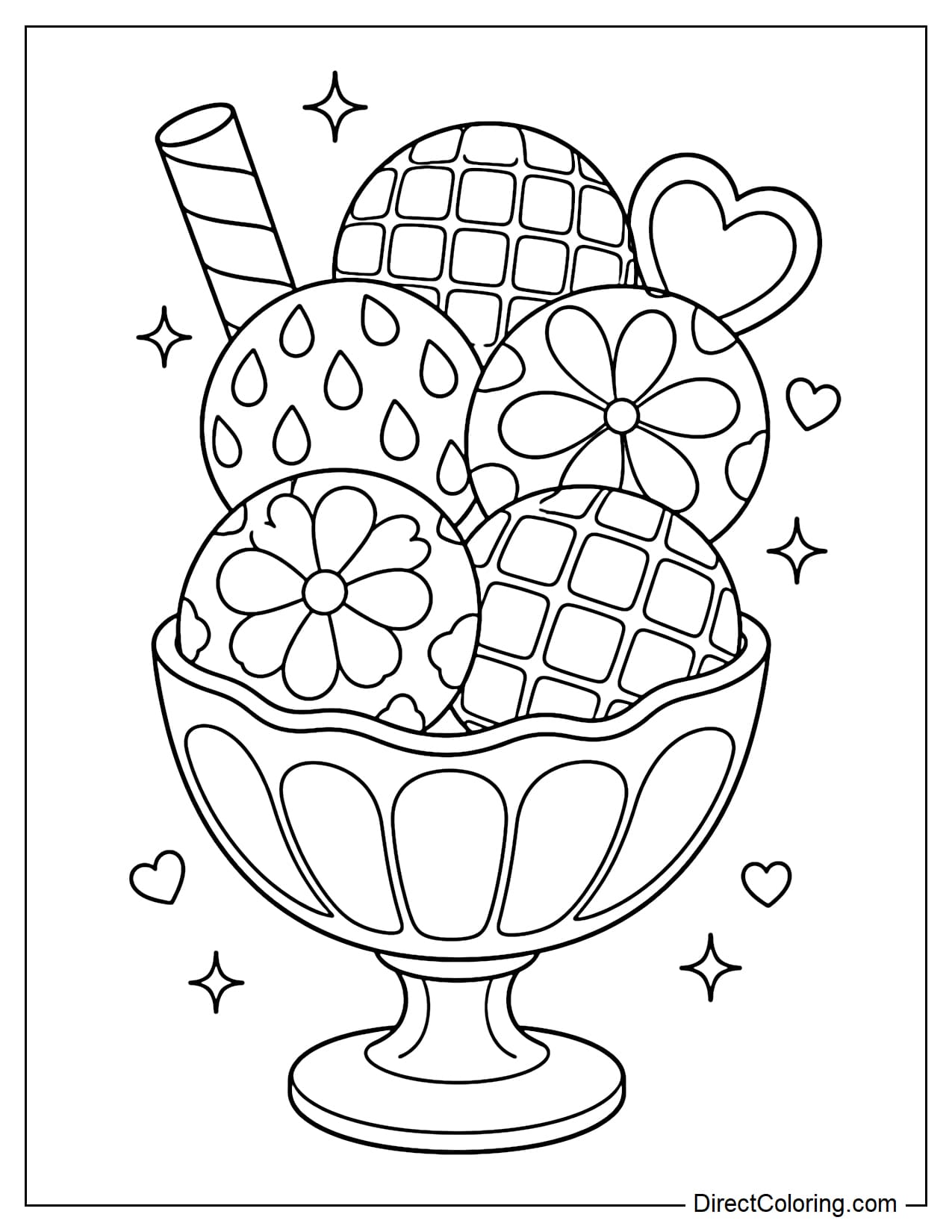 Multiple round gelato scoops arranged in a glass, each featuring a large mosaic pattern in squares, teardrops, and petals.