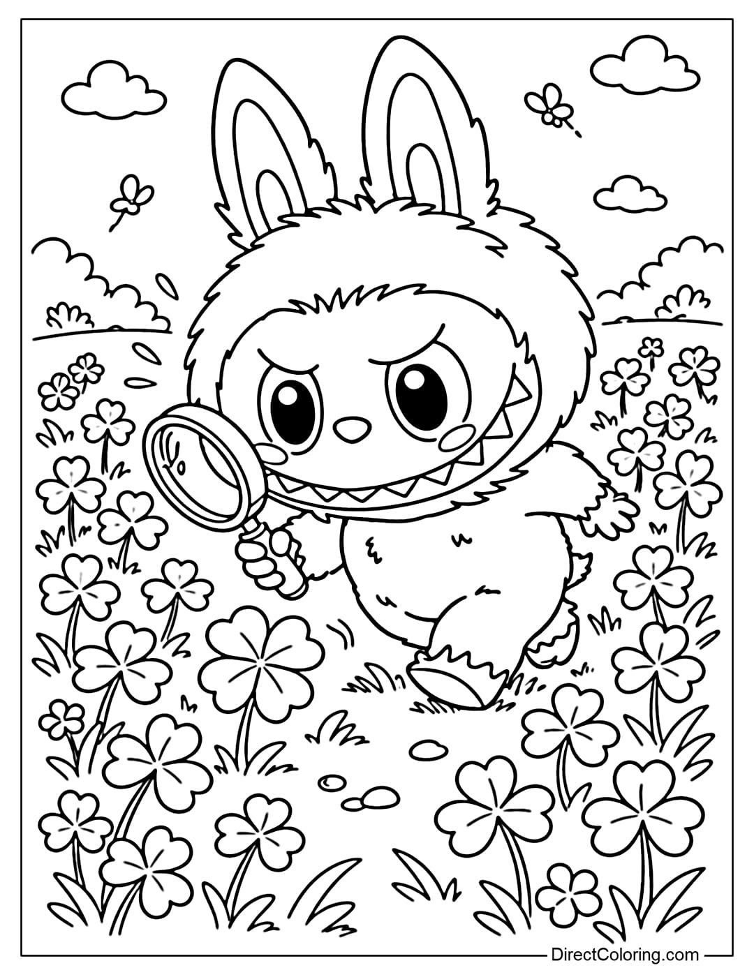 This coloring page shows Labubu using a magnifying glass to find a four-leaf clover in a meadow full of shamrocks, with an adorable determined expression; one four-leaf clover stands out for the child to find.