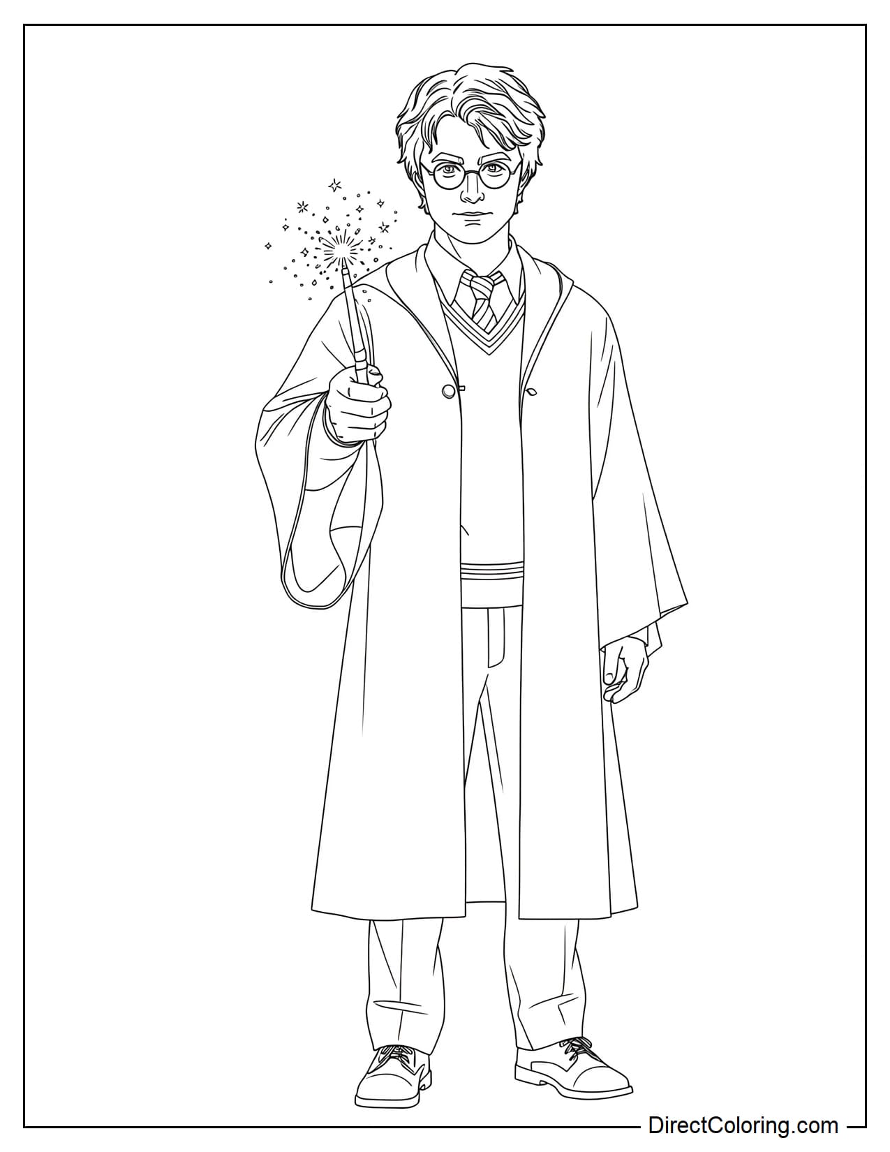 Harry Potter is wearing his round glasses and Hogwarts robes while holding his wand slightly forward, with a few magical rays and stars appearing around the tip of the wand.