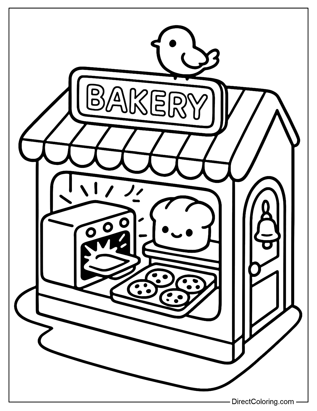 Coloring page of a bakery in the diagonal left corner, star-shaped oven; flower bells hanging on the door; a little bird perched on the roof; inside the shop there are baked cakes, cookies on a tray.